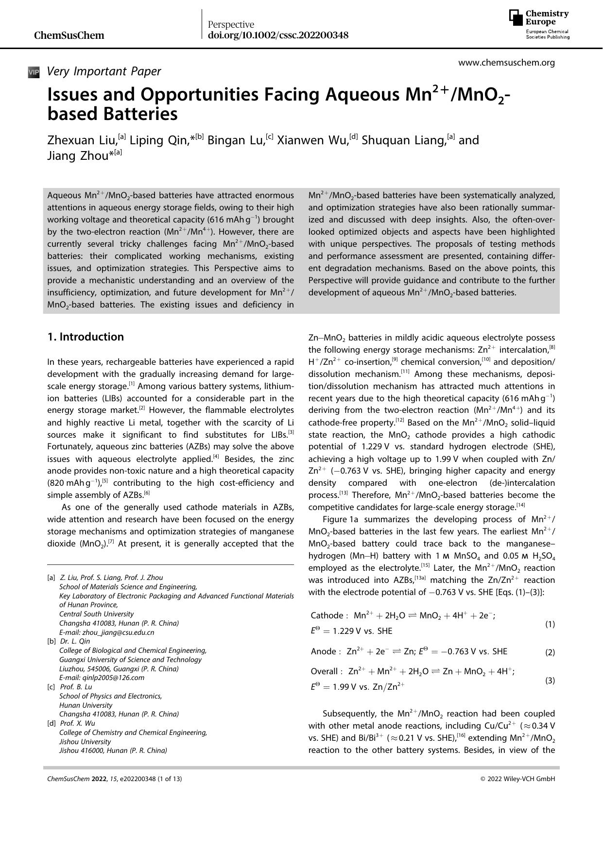Issues and Opportunities Facing Aqueous Mn2+MnO2âbased Batteries by Unknown