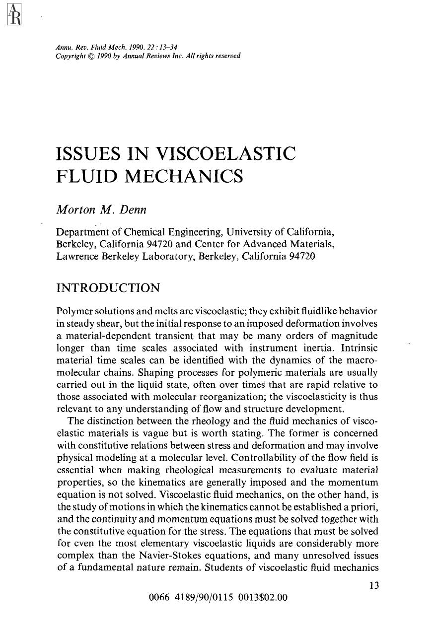 Issues in Viscoelastic Fluid Mechanics by M M Denn