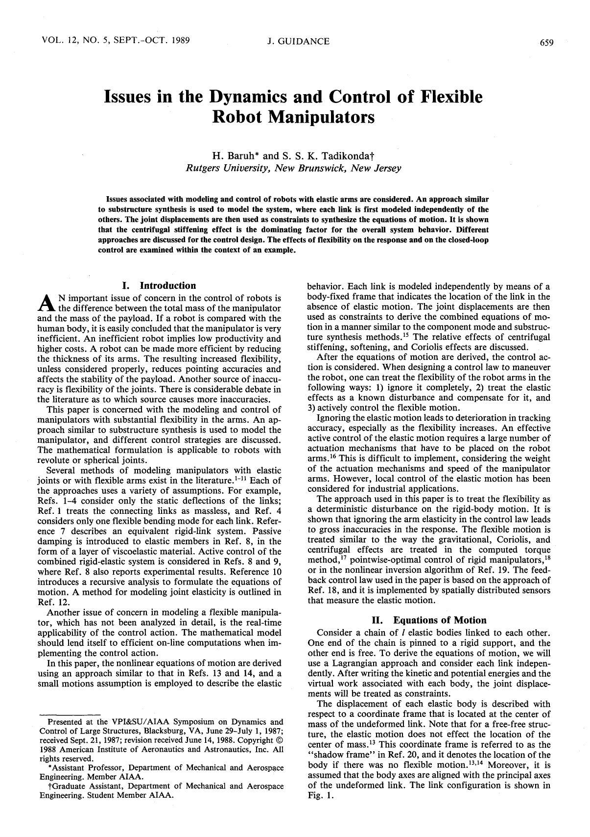 Issues in the dynamics and control of flexible robot manipulators by Unknown