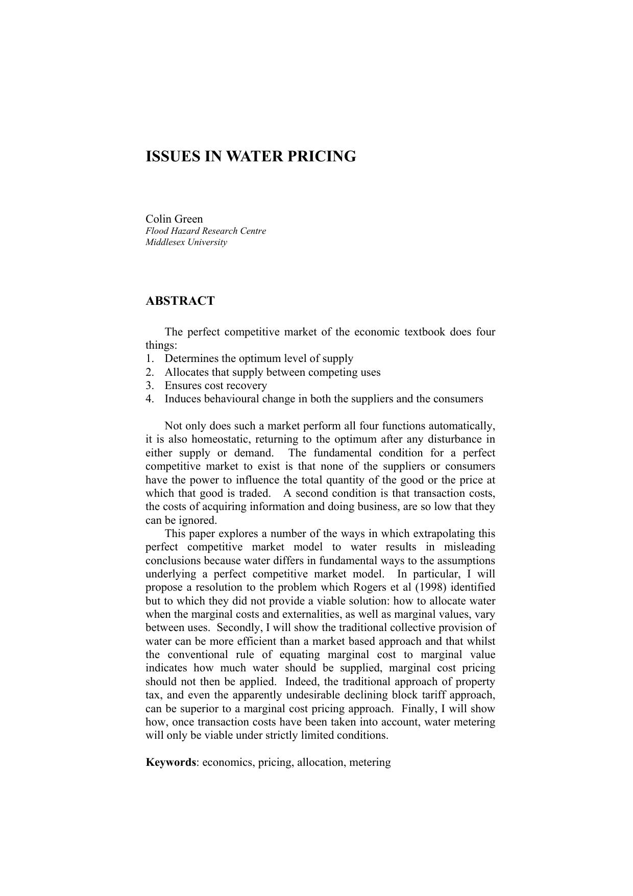 Issues in water pricing by Green C