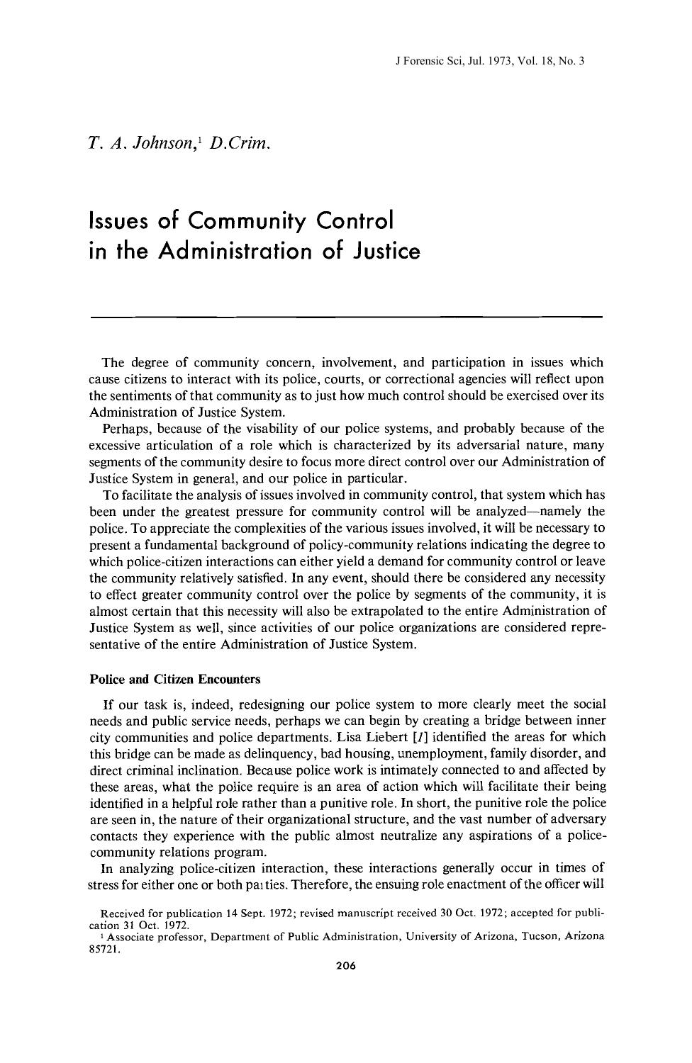 Issues of Community Control in the Administration of Justice by Johnson TA