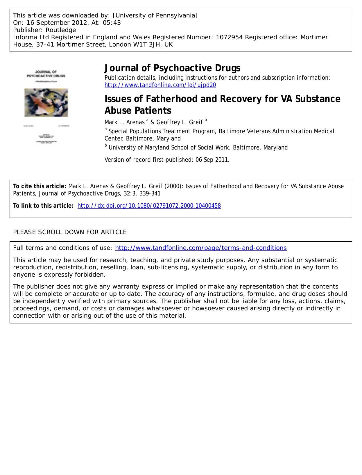 Issues of Fatherhood and Recovery for VA Substance Abuse Patients by Mark L. Arenas a & Geoffrey L. Greif b