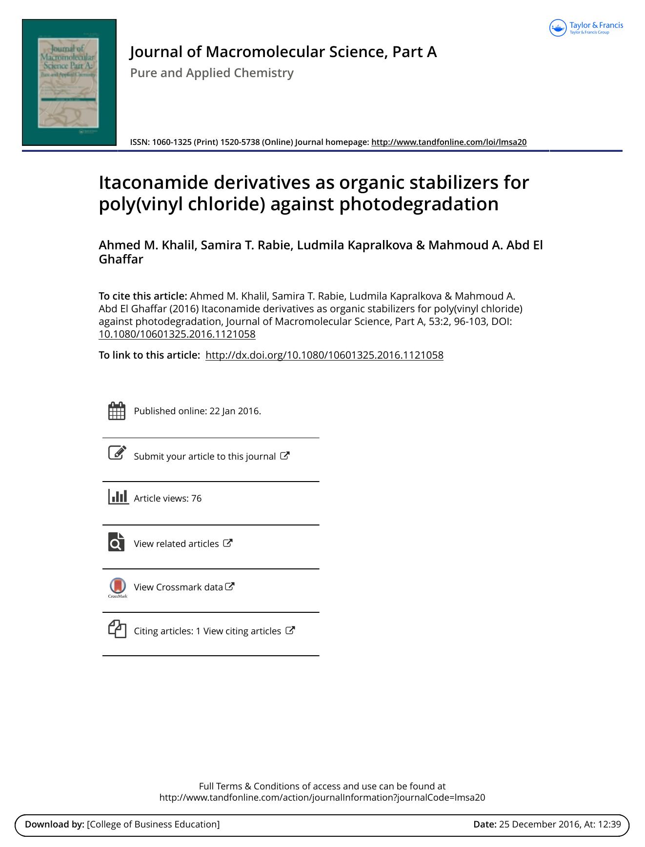 Itaconamide derivatives as organic stabilizers for poly\(vinyl chloride\) against photodegradation by Ahmed M. Khalil & Samira T. Rabie & Ludmila Kapralkova & Mahmoud A. Abd El Ghaffar