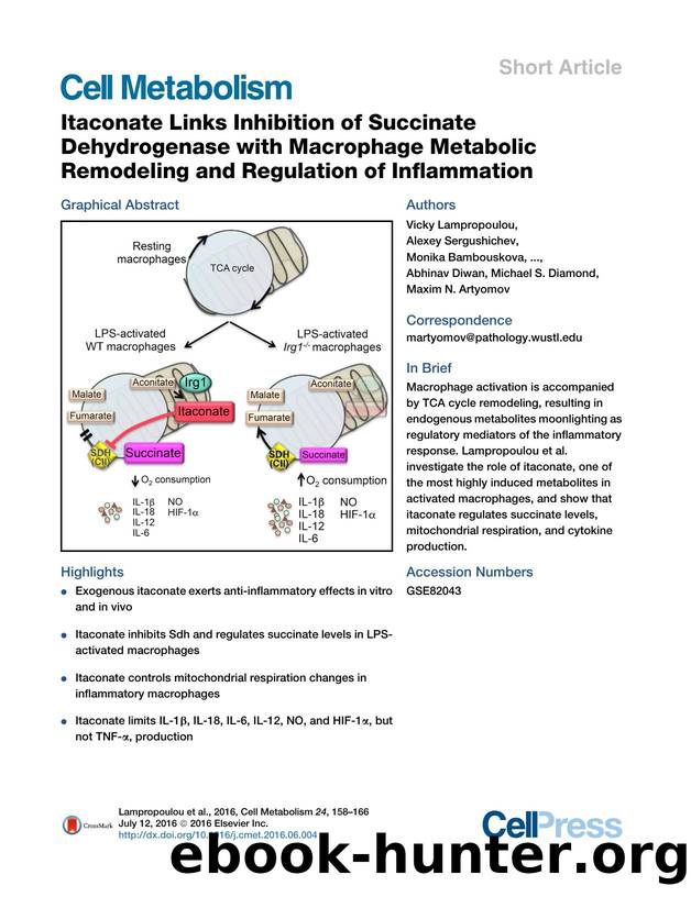 Itaconate Links Inhibition of Succinate Dehydrogenase with Macrophage Metabolic Remodeling and Regulation of Inflammation by unknow