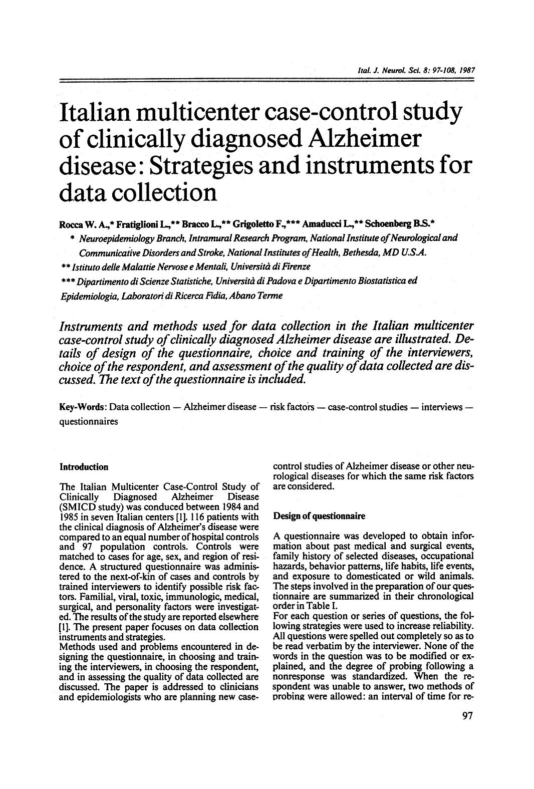 Italian multicenter case-control study of clinically diagnosed Alzheimer disease: Strategies and instruments for data collection by Unknown