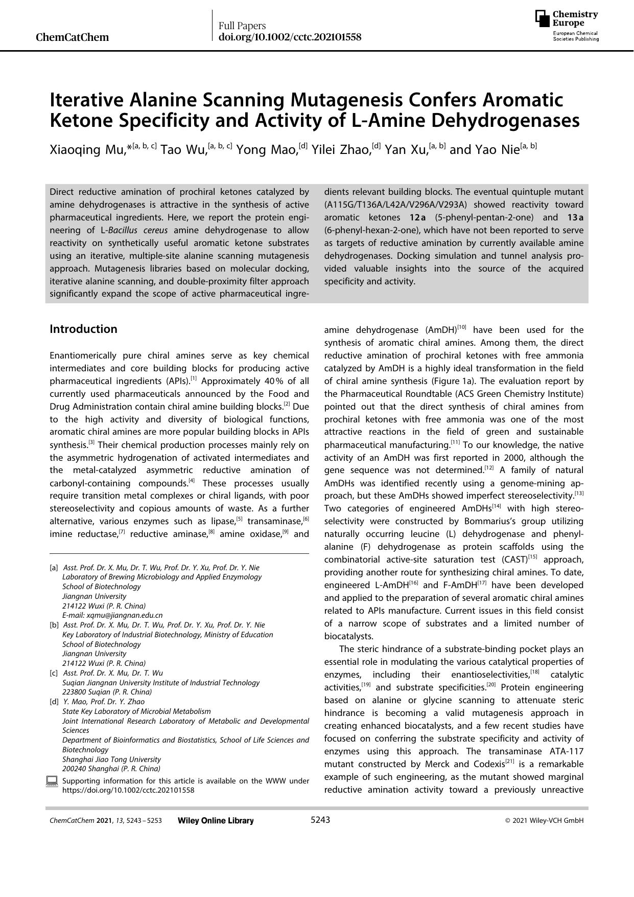 Iterative Alanine Scanning Mutagenesis Confers Aromatic Ketone Specificity and Activity of LâAmine Dehydrogenases by Unknown