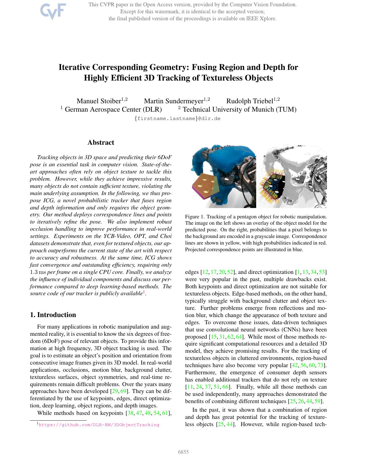 Iterative Corresponding Geometry: Fusing Region and Depth for Highly Efficient 3D Tracking of Textureless Objects by Manuel Stoiber & Martin Sundermeyer & Rudolph Triebel