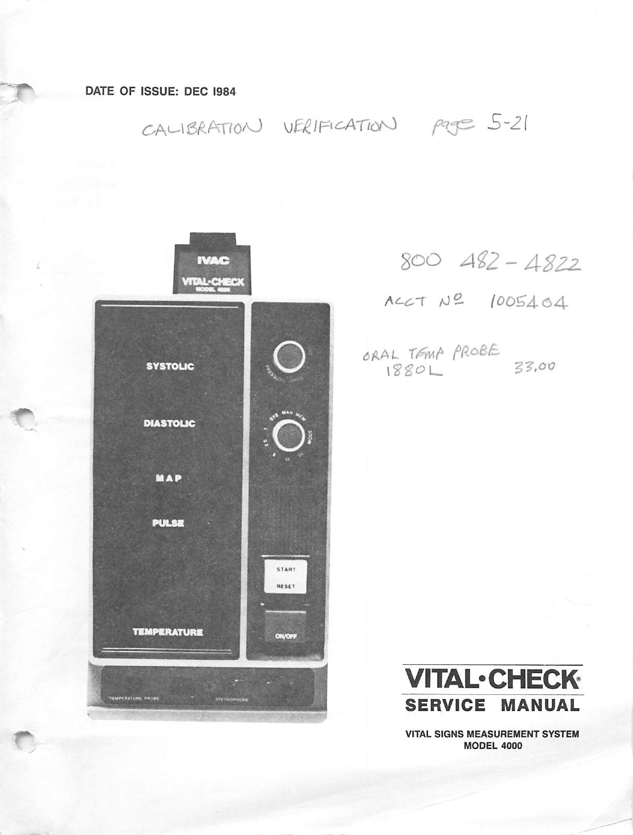 Ivac Vital Check 4000 Patient Monitor by Service manual