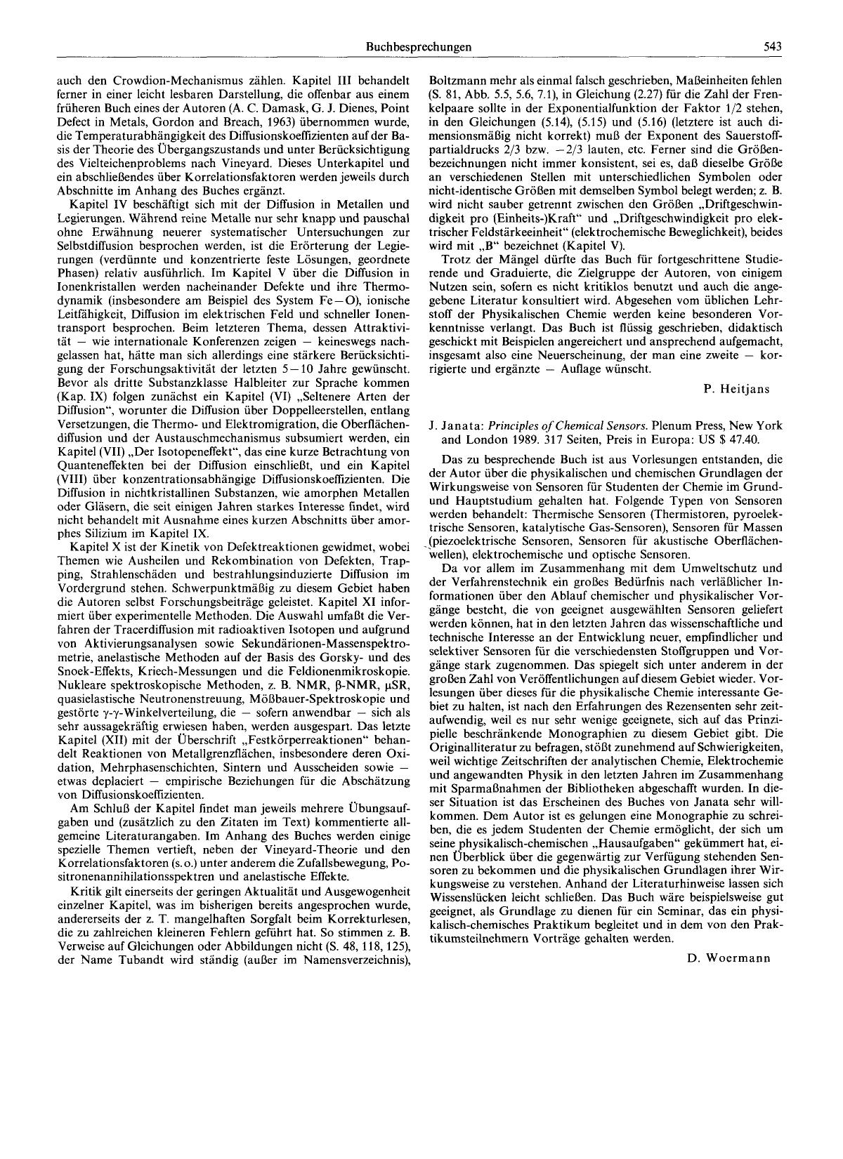 J. Janata: Principles of Chemical Sensors. Plenum Press, New York and London 1989. 317 Seiten, Preis in Europa: US [dollar] 47.40. by Unknown