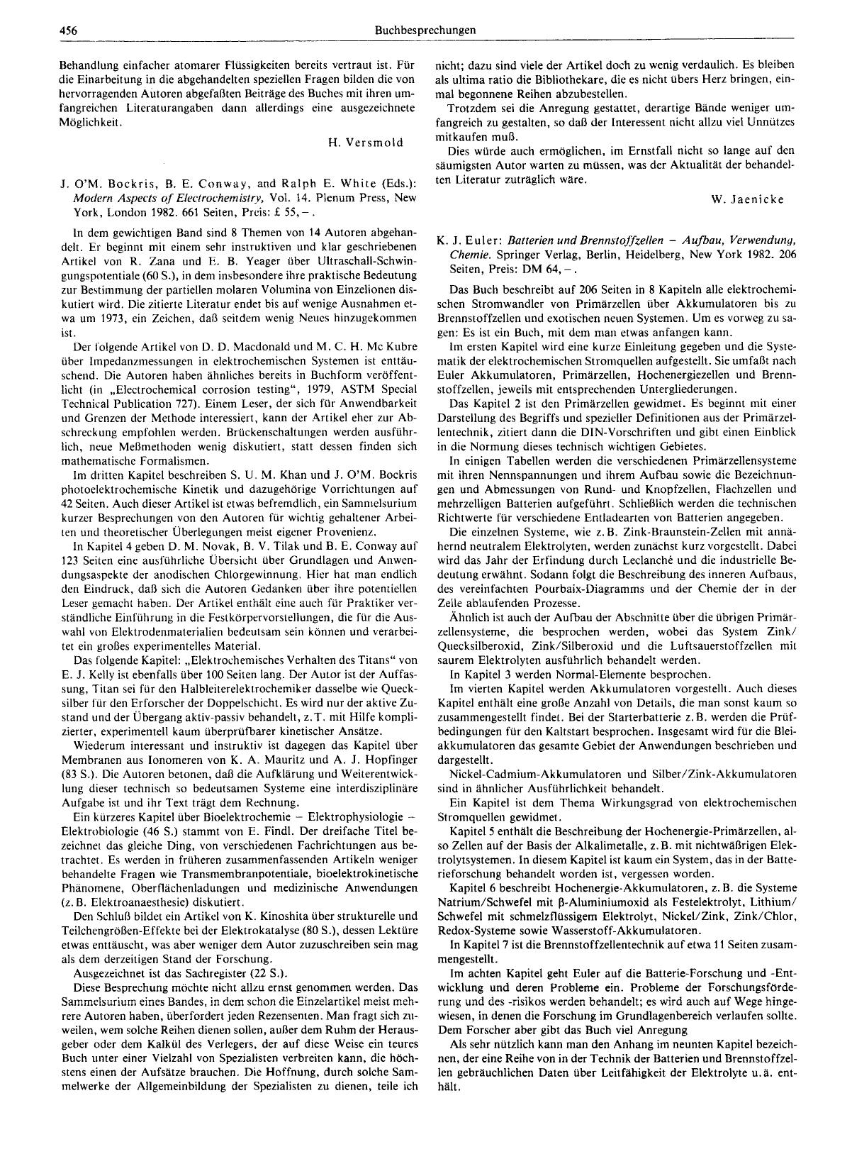 J. O'M. Bockris, B. E. Conway, and Ralph E. White (Eds.): Modern Aspects of Electrochemistry, Vol. 14. Plenum Press, New York, London 1982. 661 Seiten, Preis: £ 55,- by Unknown