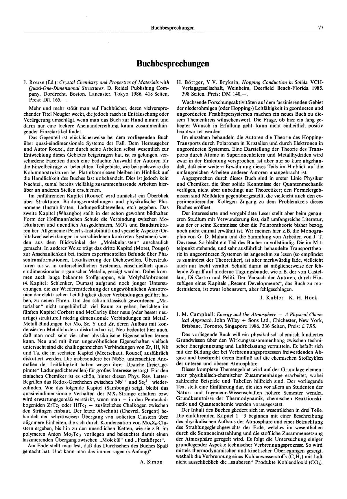 J. Rouxe (Ed.): Crystal Chemistry and Properties of Materials with Quasi-One-Dimensional Structures, D. Reidel Publishing Company, Dordrecht, Boston, Lancaster, Tokyo 1986. 418 Sei by Unknown