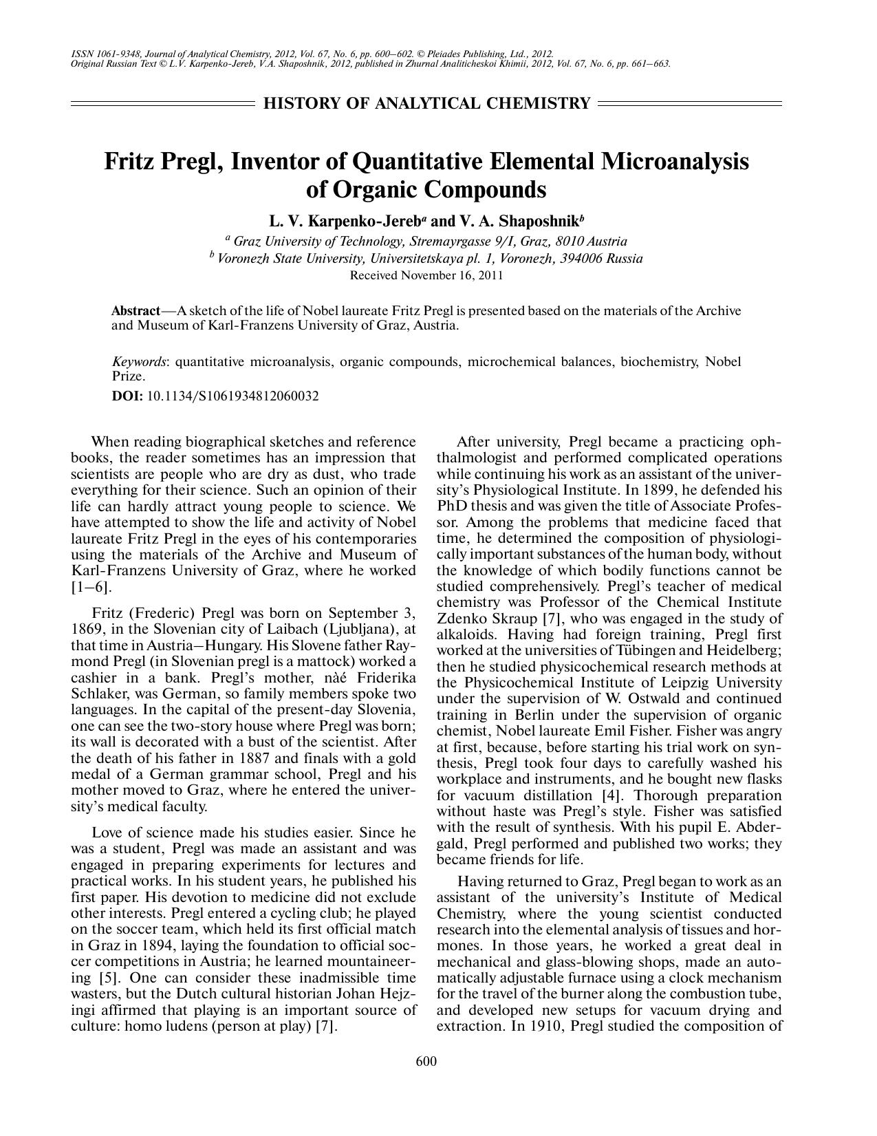 J. of Anal. Chem. Vol 67 iss 6 2012 [10.1134s1061934812060032] L. V. Karpenko-Jereb, V. A. Shaposhnik by Fritz pregl inventor of quantitative elemental microanalysis of organic compounds