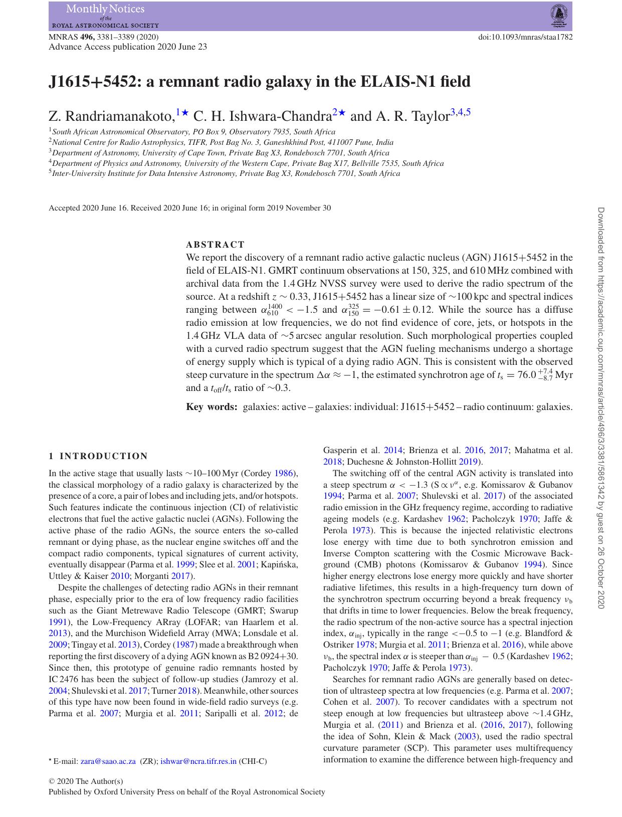 J1615+5452: a remnant radio galaxy in the ELAIS-N1 field by Z Randriamanakoto & C H Ishwara-Chandra & A R Taylor