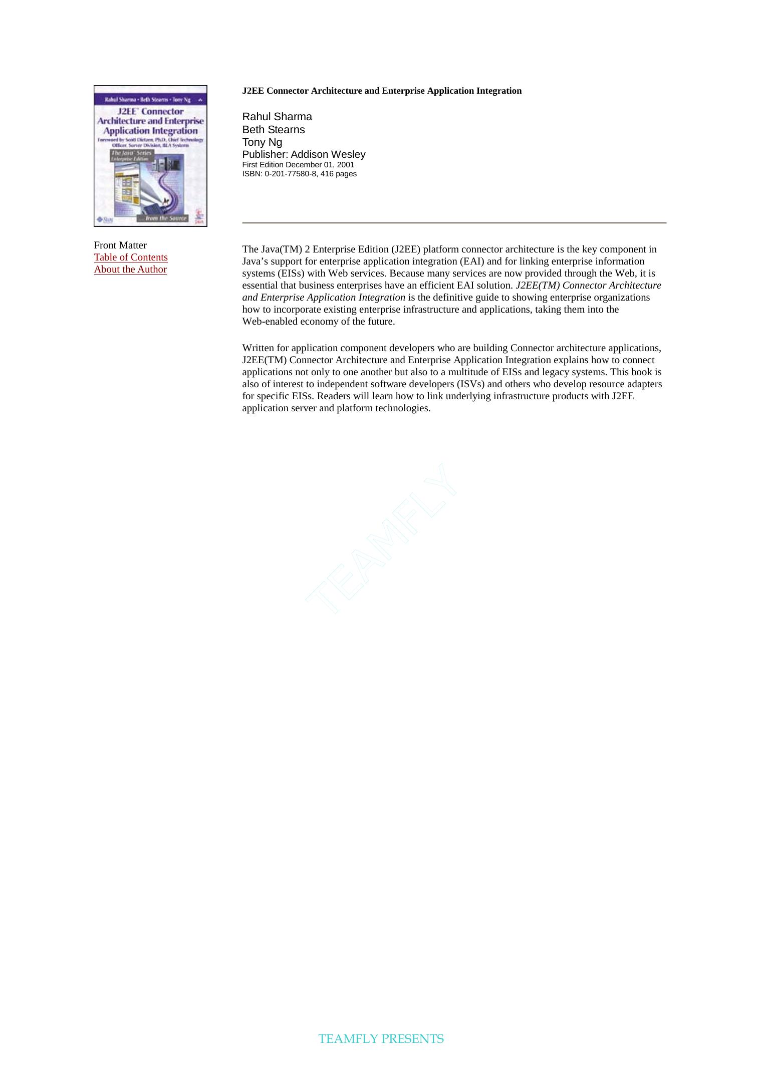 J2EE(TM) Connector Architecture and Enterprise Application Integration by Rahul Sharma Beth Stearns Tony Ng