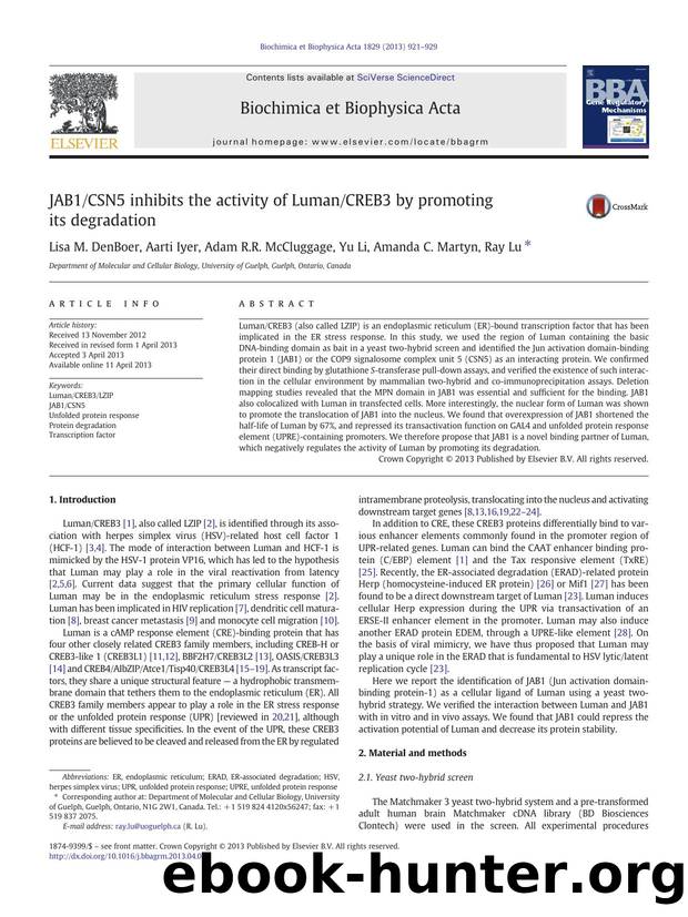 JAB1CSN5 inhibits the activity of LumanCREB3 by promoting its degradation by Lisa M. DenBoer & Aarti Iyer & Adam R.R. McCluggage & Yu Li & Amanda C. Martyn & Ray Lu