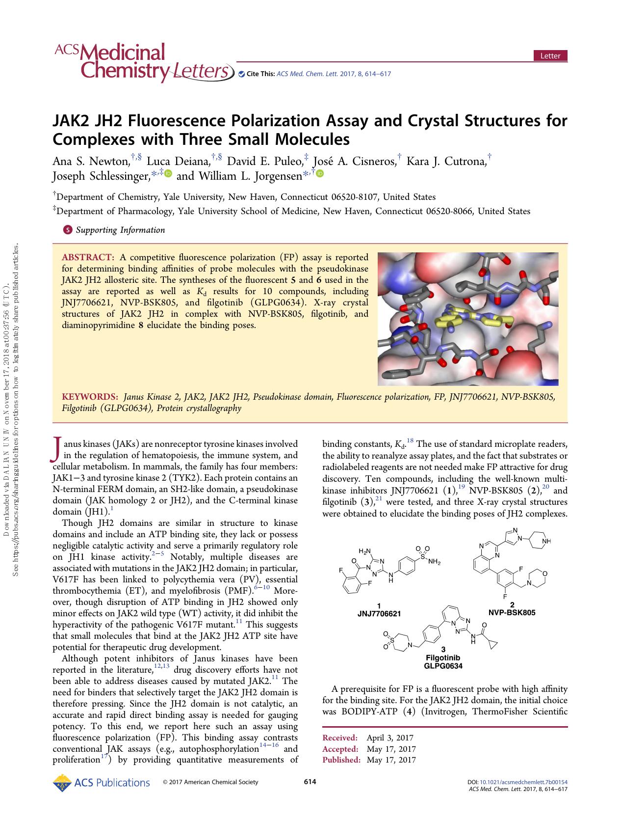 JAK2 JH2 Fluorescence Polarization Assay and Crystal Structures for Complexes with Three Small Molecules by unknow
