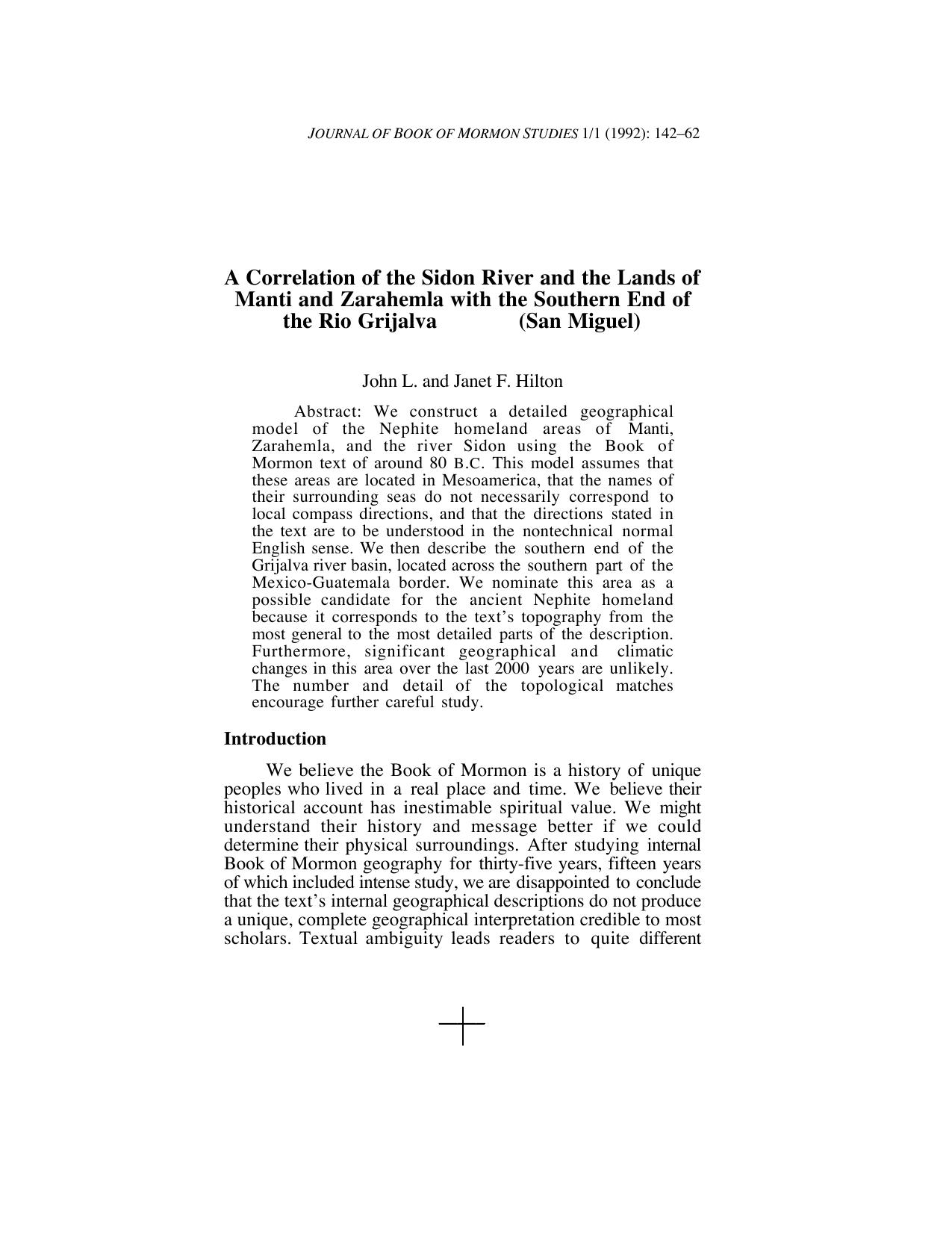 JBMS 1-1 A Correlation of the Sidon River and the Lands of Manti and Zarahemla with the Southern End of the Rio Grijalva San Miguel by Unknown