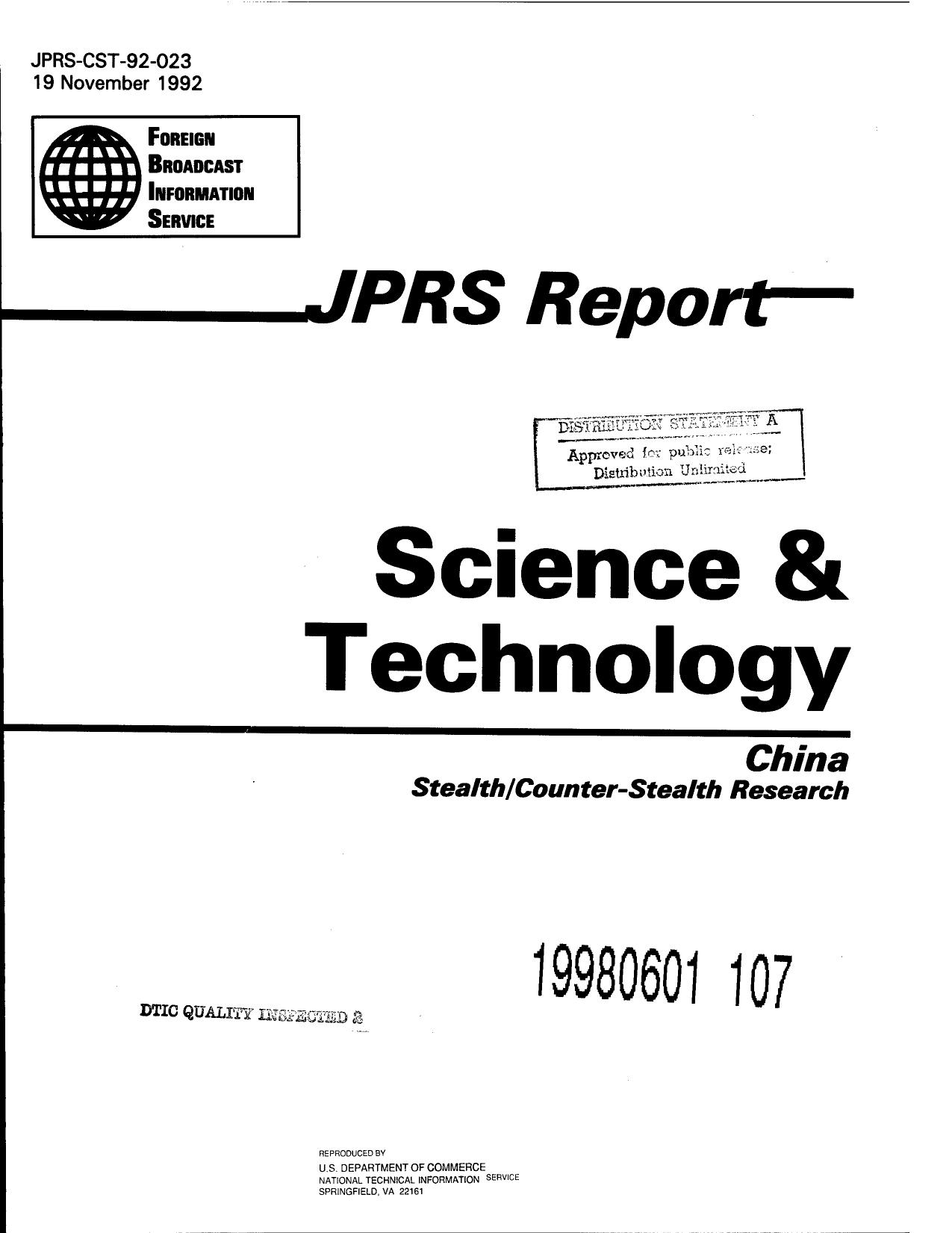 JPRS Report. Science Technology. China.Stealth / Counter-Stealth Research by Foreign Broadcast Information Service