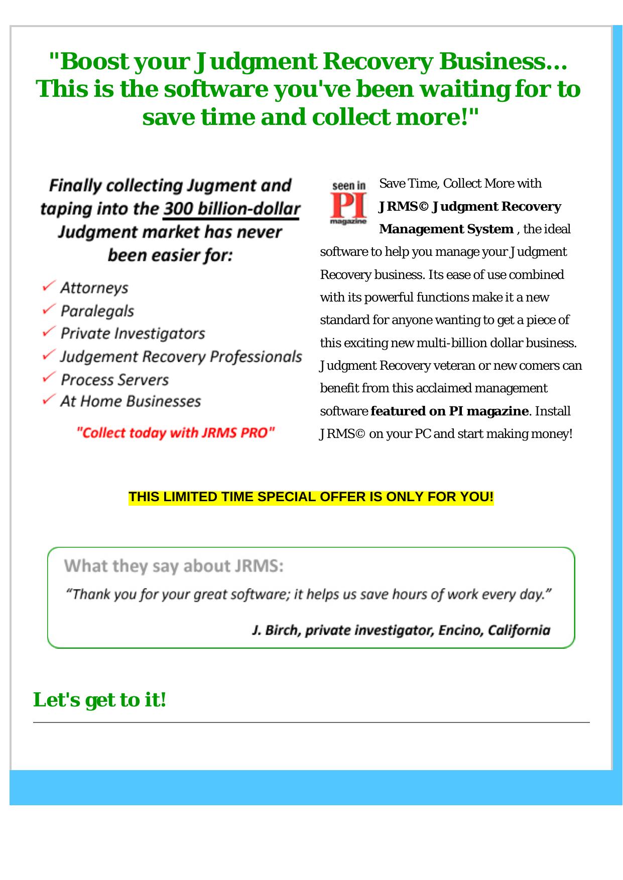 JRMS-Judgment Recovery Management System. by Best of Kuszter's Collection