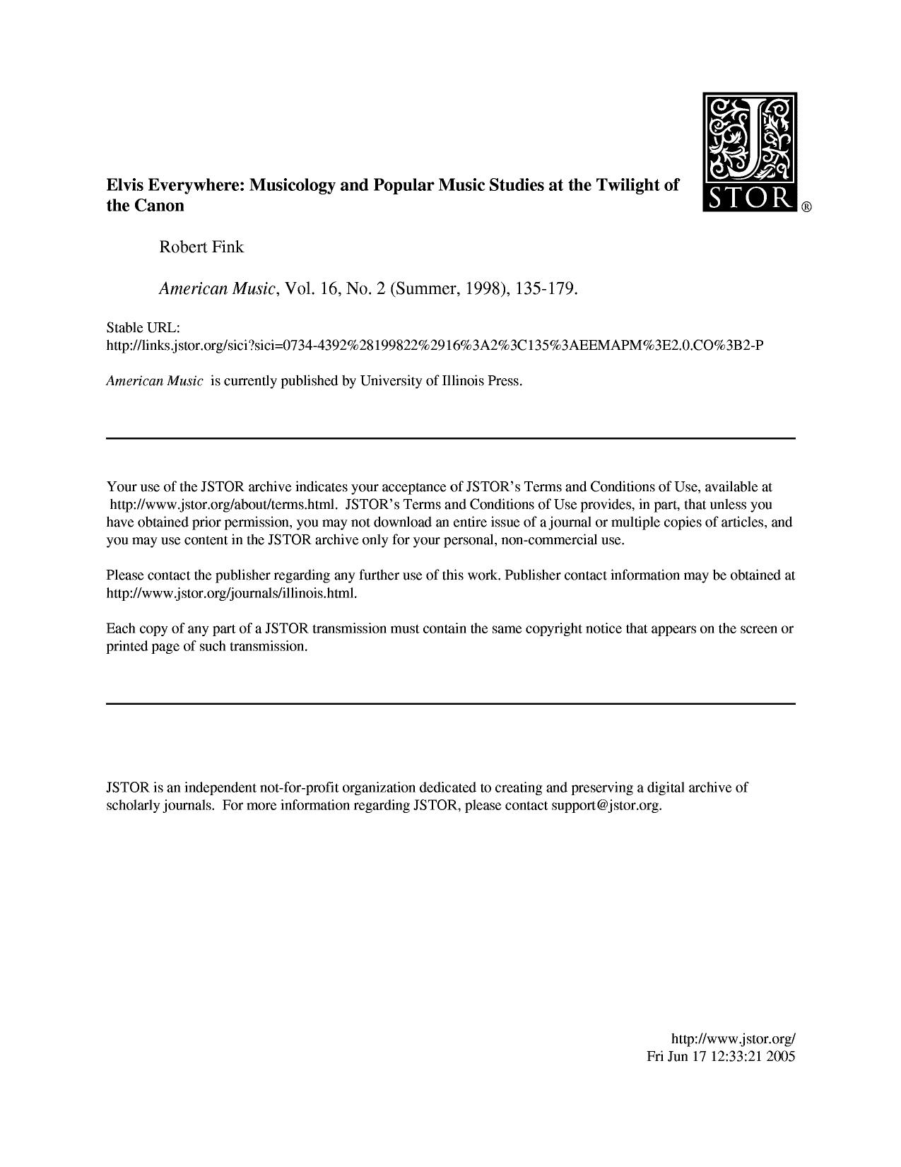 JSTOR - Fink, Robert Elvis Everywhere by Musicology & Popular Music Studies At The Twilight Of The Canon