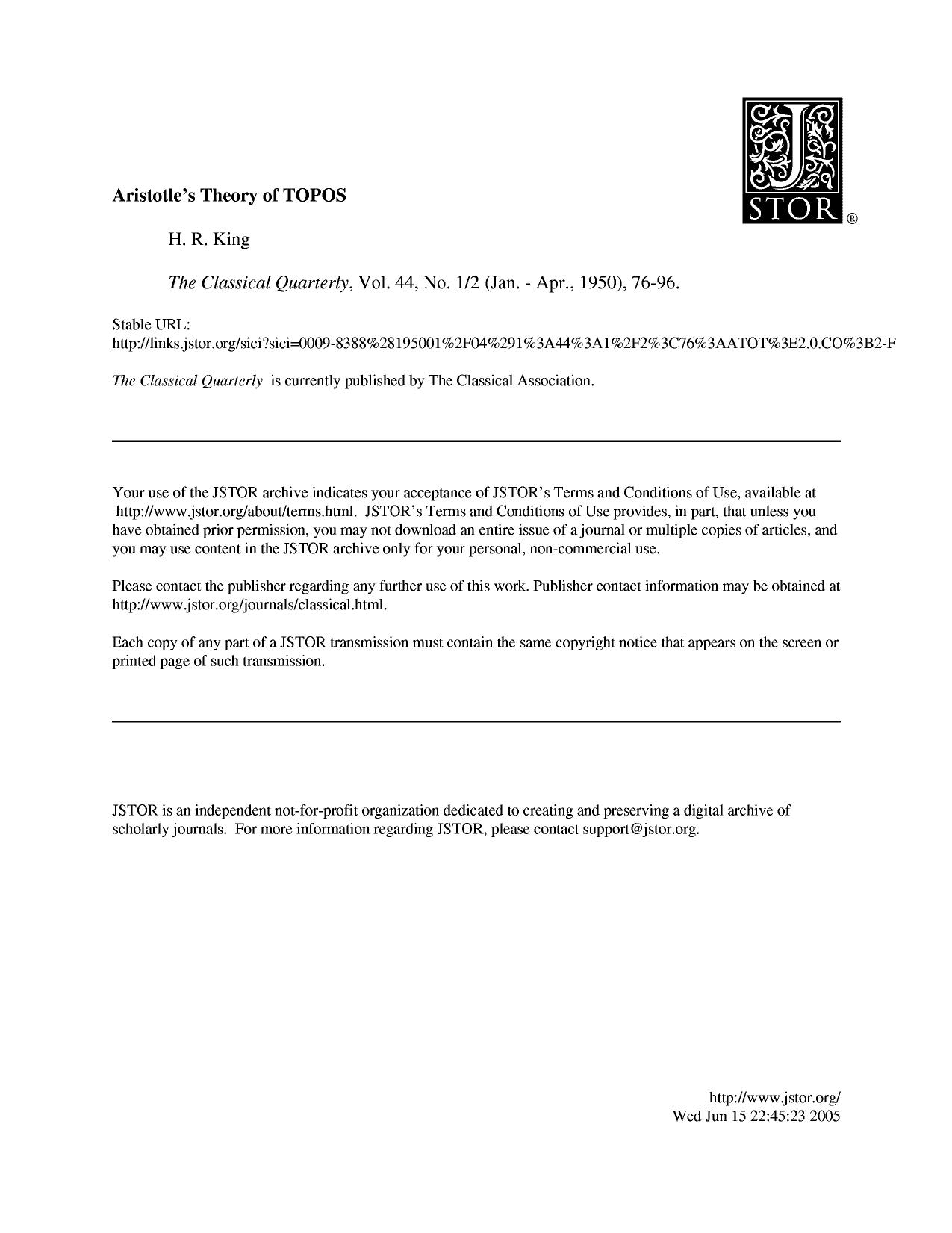 JSTOR - King, H R by Aristotle's Theory Of Topos