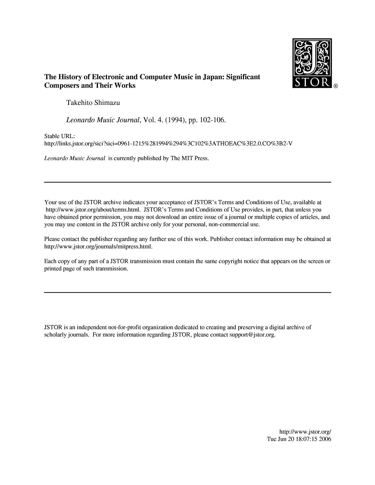 JSTOR - Shmazu, Takehito The History Of Electronic And Computer Music In Japan by Significant Composers & Their Works (Leonardo Music Journal)