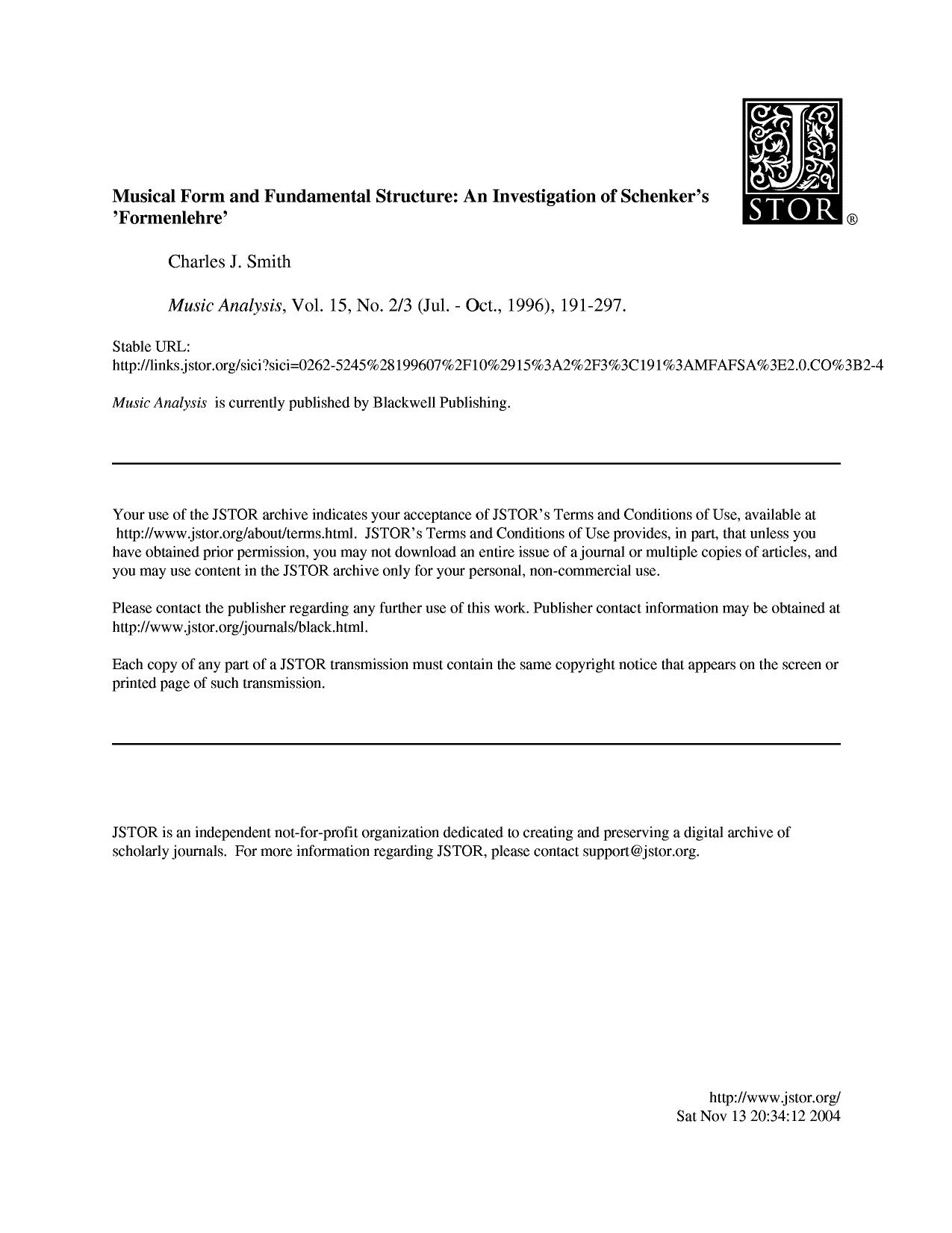 JSTOR - Smith, Charles J Musical Form and Fundamental Structure by An Investigation of Schenker's Formenlehre
