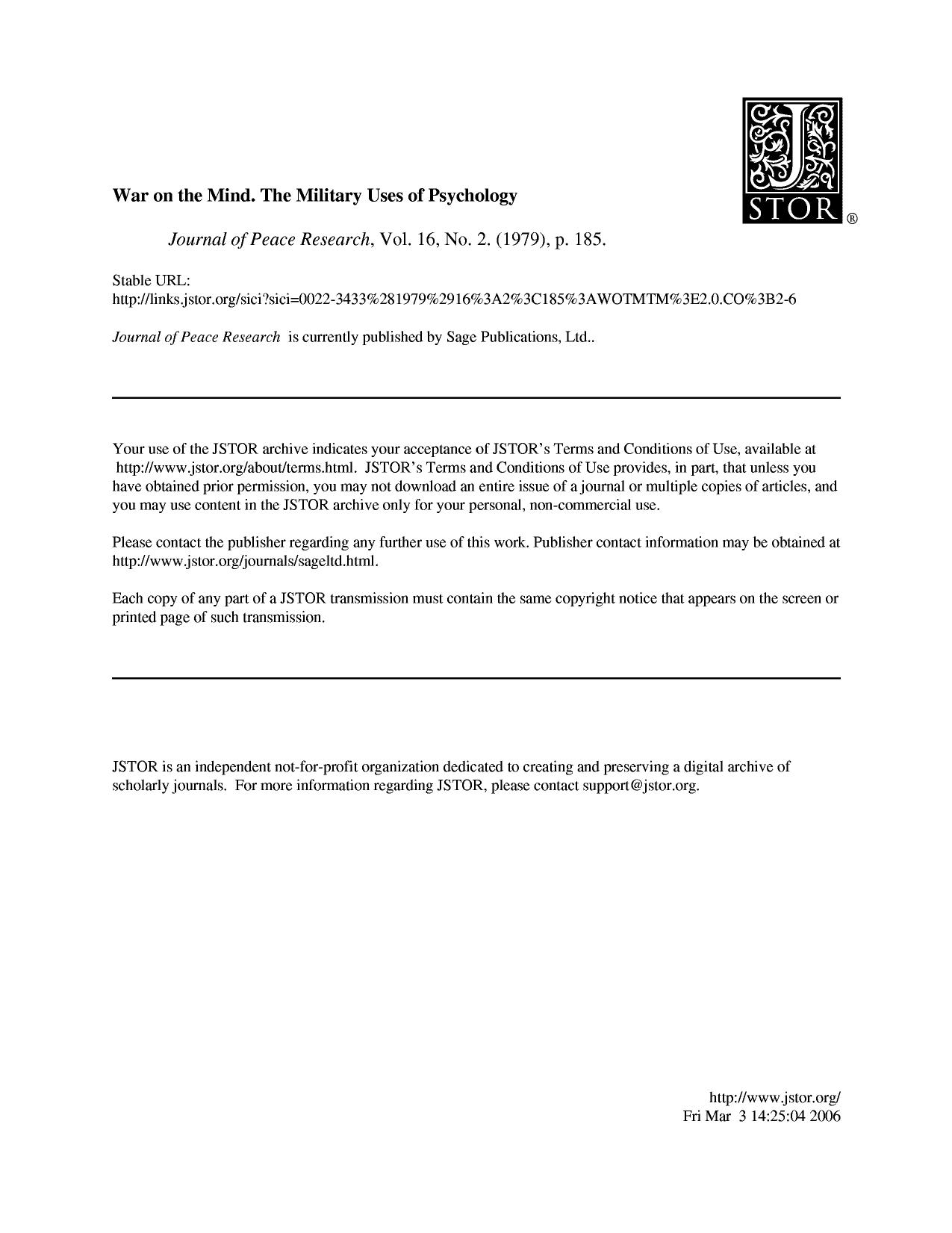 JSTOR - War on the Mind by The Military Uses of Psychology