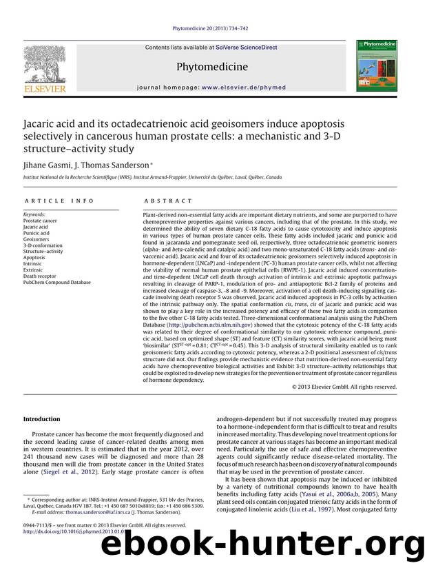 Jacaric acid and its octadecatrienoic acid geoisomers induce apoptosis selectively in cancerous human prostate cells: a mechanistic and 3-D structureâactivity study by Jihane Gasmi
