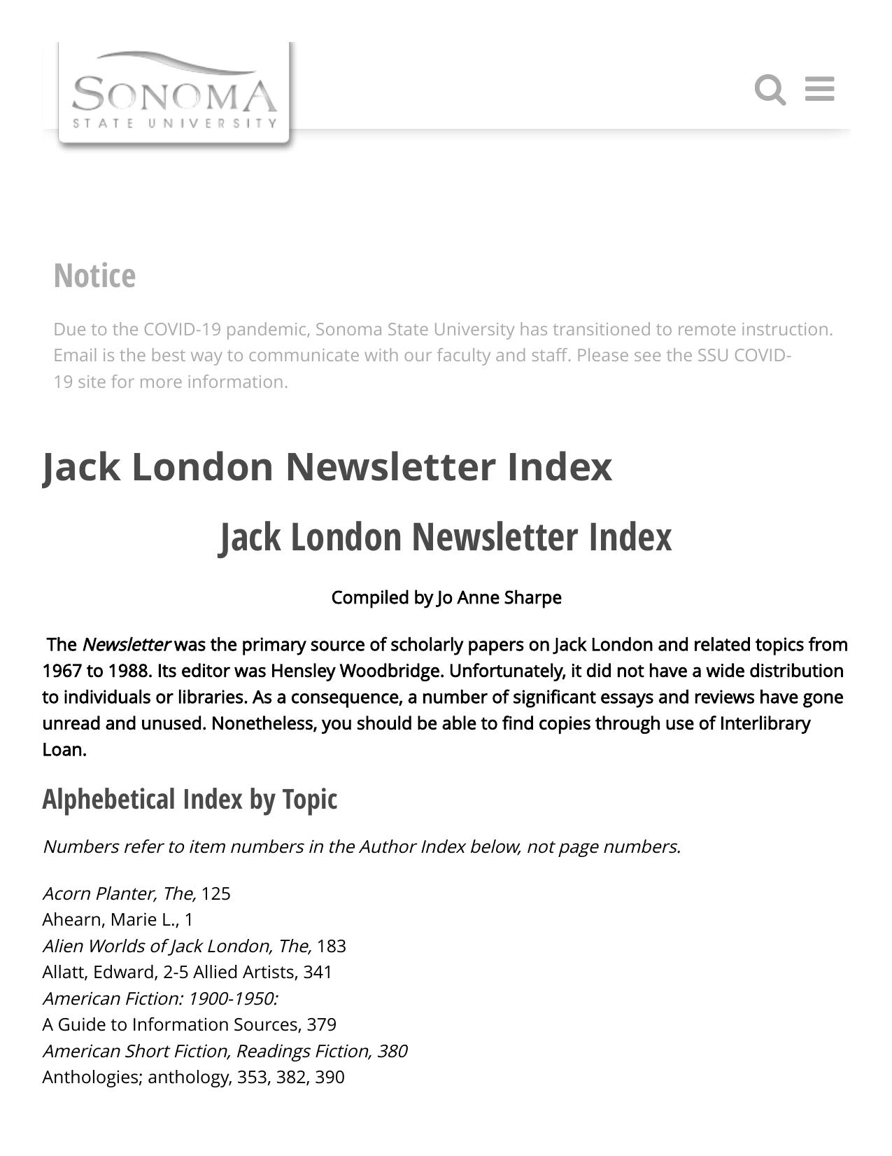 Jack London Newsletter Index Jack London Online at Sonoma State University by Unknown