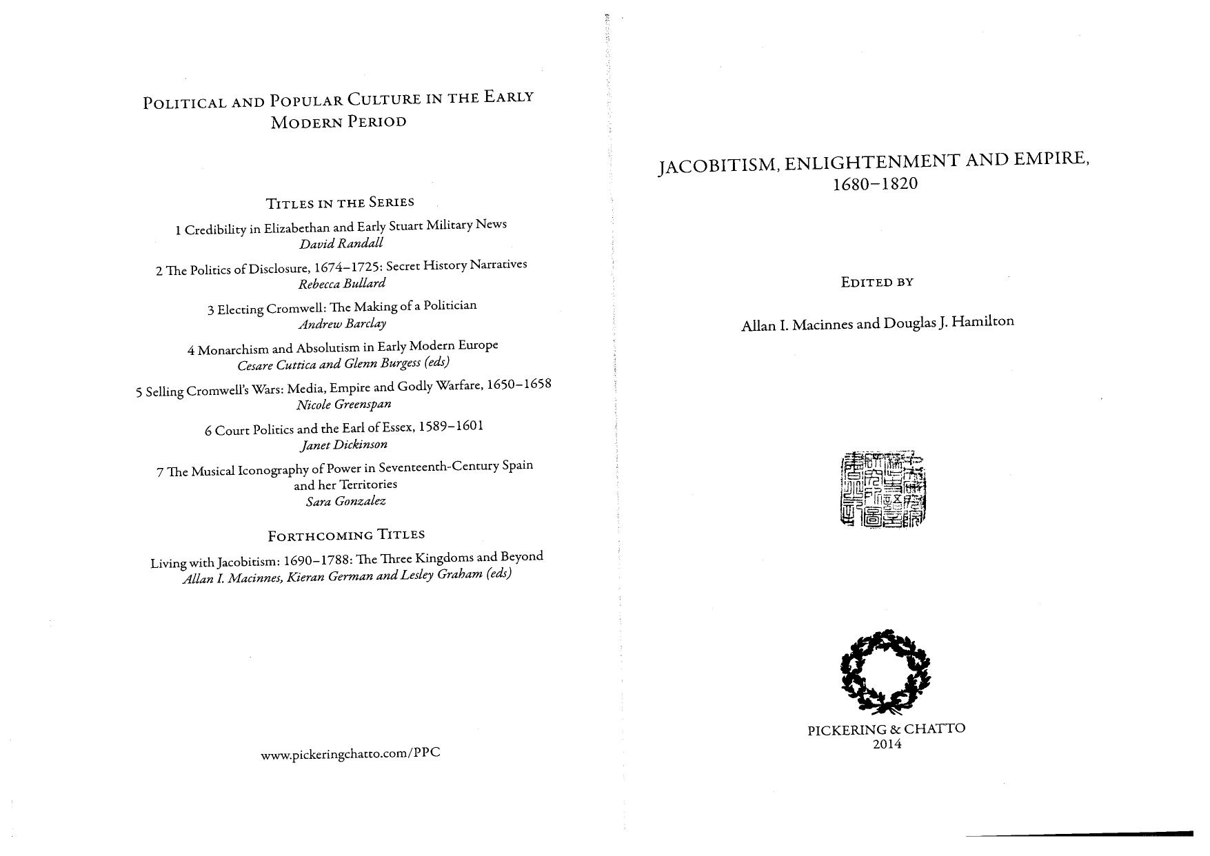 Jacobitism, Enlightenment and Empire, 1680â1820 (Political and Popular Culture in the Early Modern Period) by Douglas J Hamilton