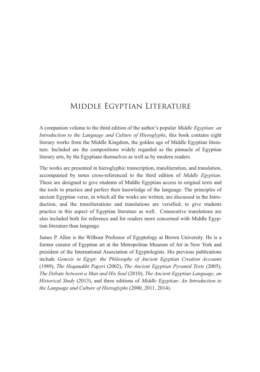 James P. Allen-Middle Egyptian Literature Eight Literary Works of the Middle Kingdom-Cambridge University Press (2015) by Unknown