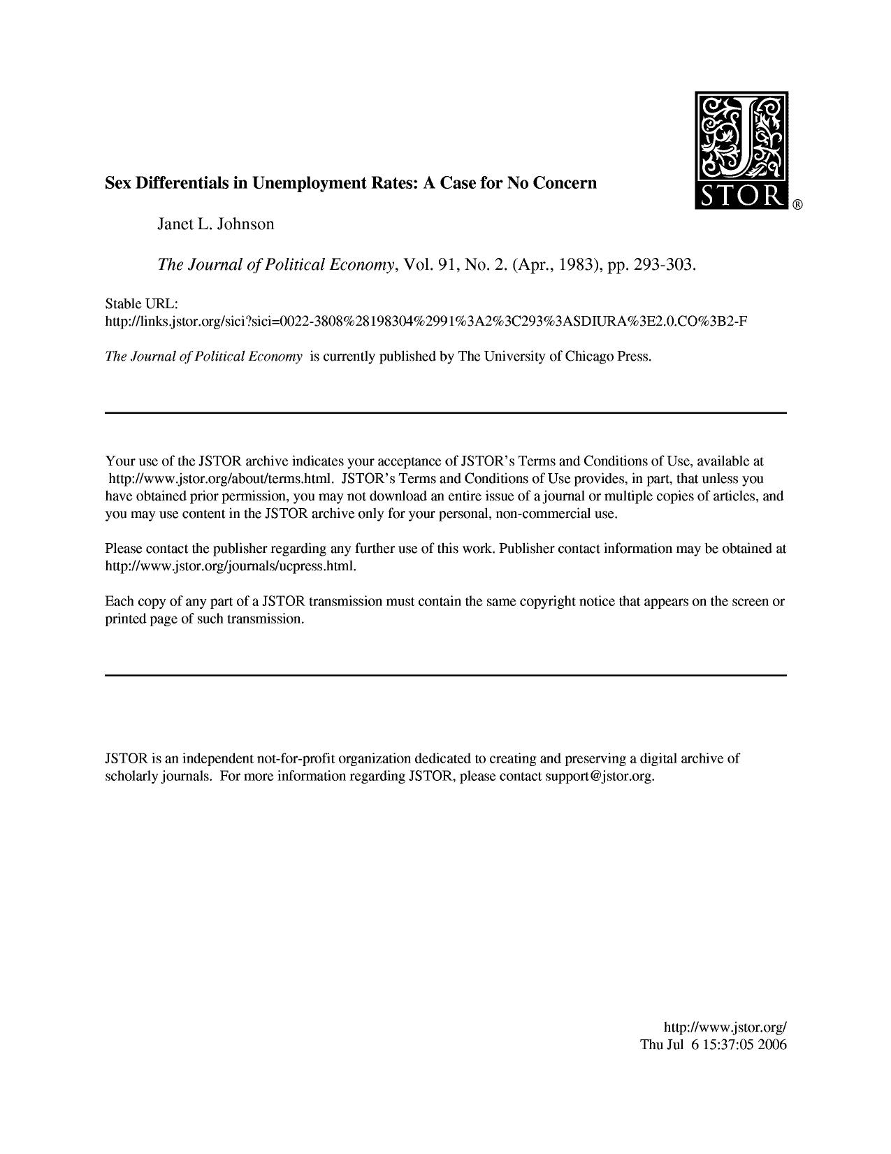 Janet L. Johnson by Sex Differentials in Unemployment Rates.. A Case for No Concern
