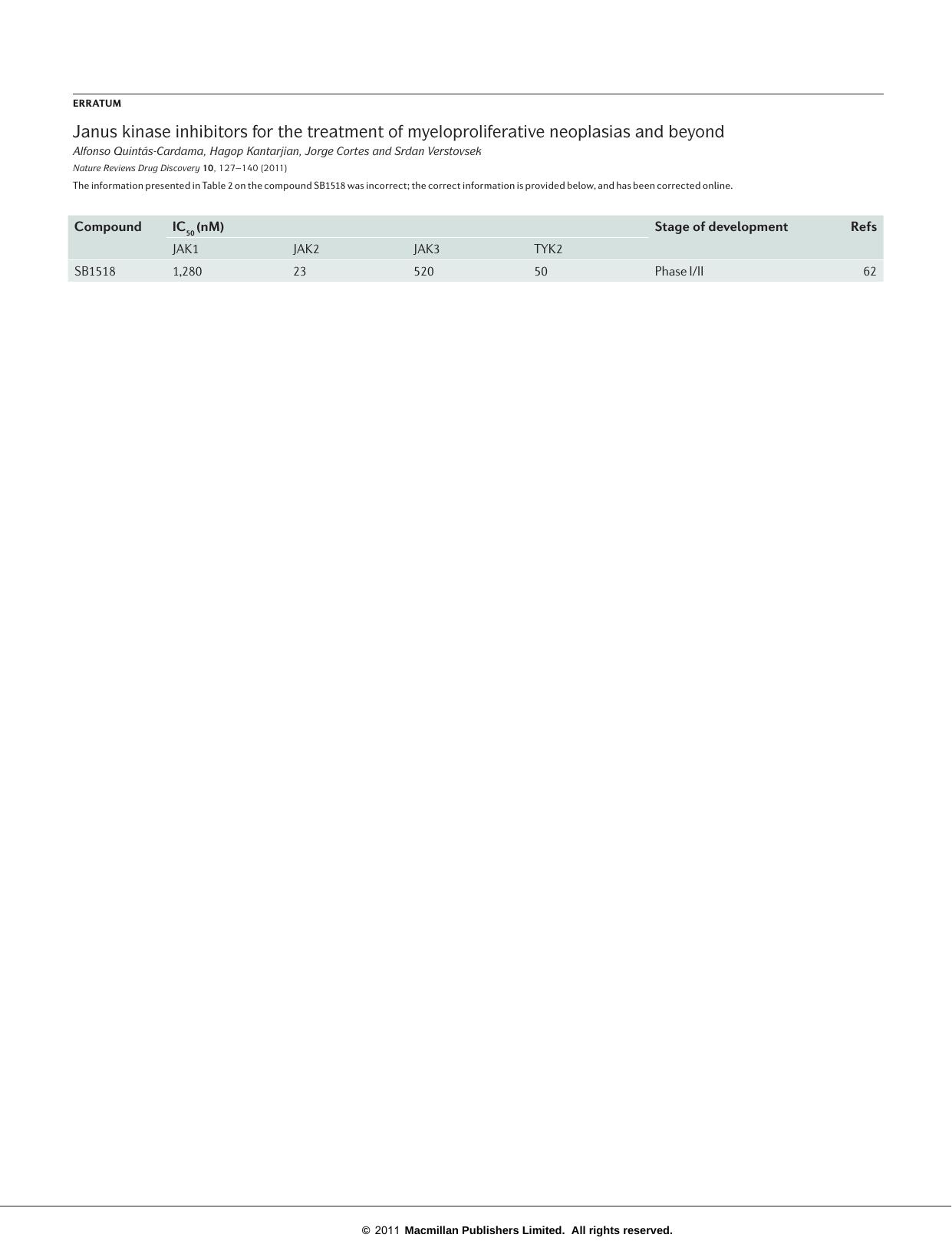 Janus kinase inhibitors for the treatment of myeloproliferative neoplasias and beyond by Alfonso Quintás-Cardama & Hagop Kantarjian & Jorge Cortes & Srdan Verstovsek
