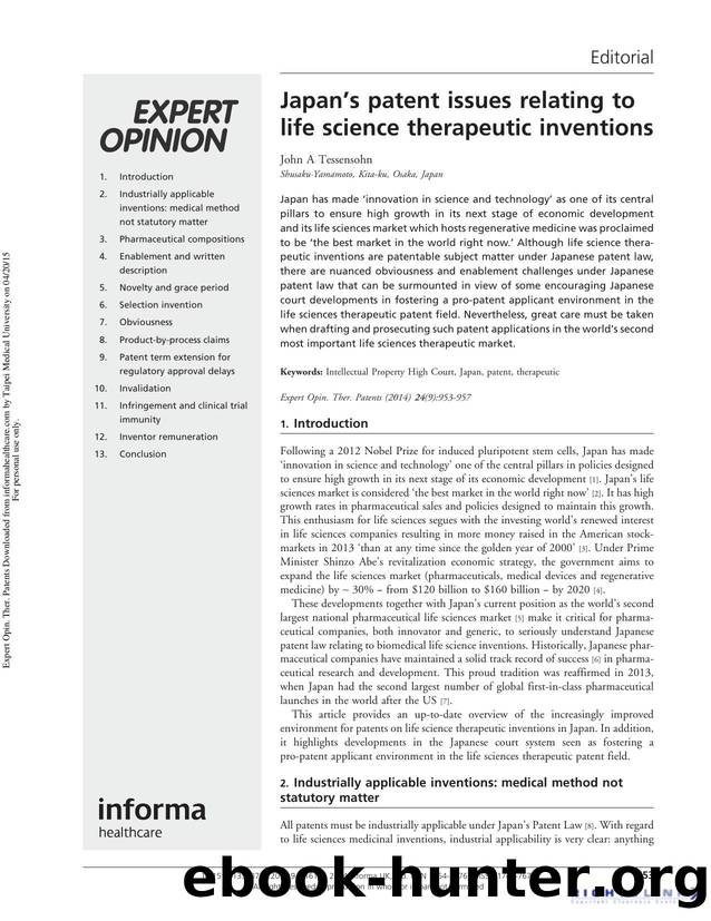 Japanâs patent issues relating to life science therapeutic inventions by John A Tessensohn