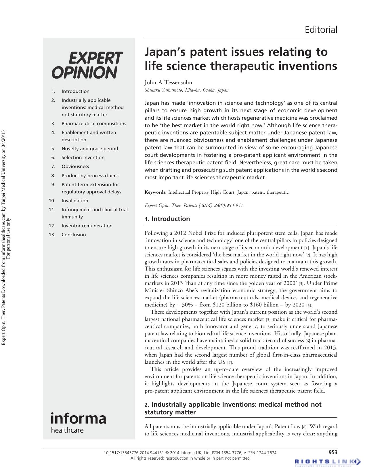 Japan’s patent issues relating to life science therapeutic inventions by John A Tessensohn