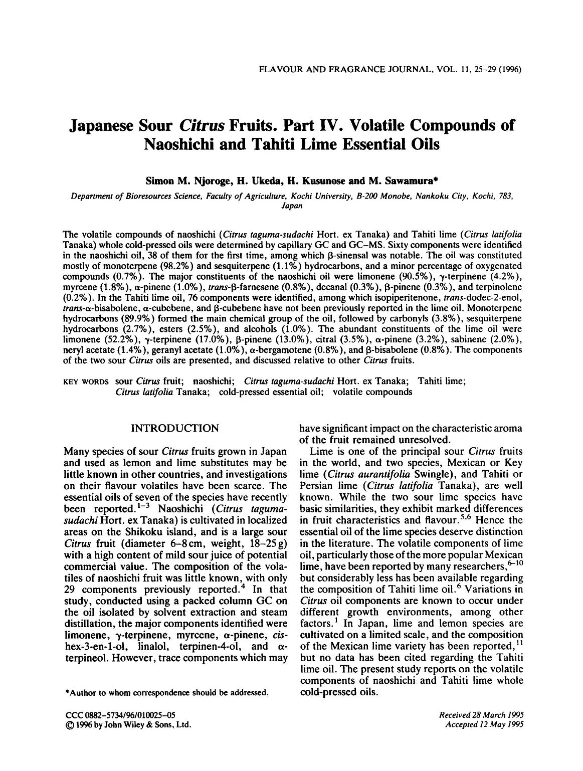 Japanese Sour Citrus Fruits. Part IV. Volatile Compounds of Naoshichi and Tahiti Lime Essential Oils by Unknown