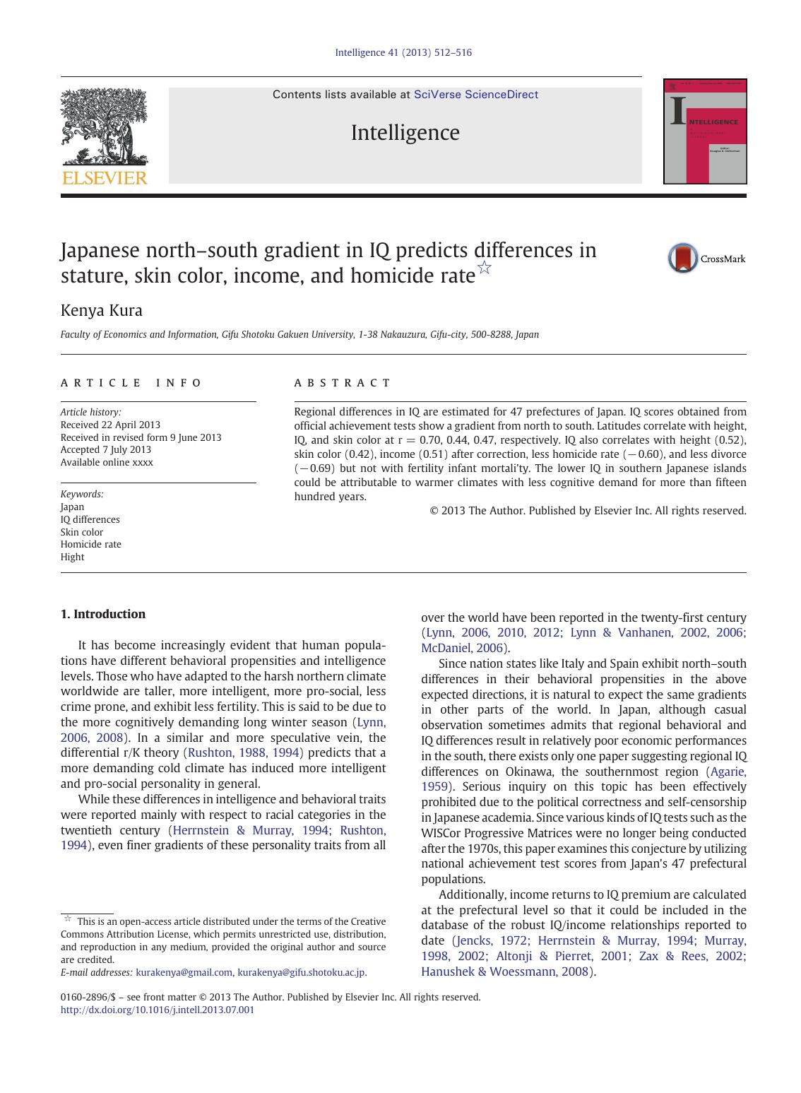 Japanese northâsouth gradient in IQ predicts differences in stature, skin color, income, and homicide rate by Kenya Kura