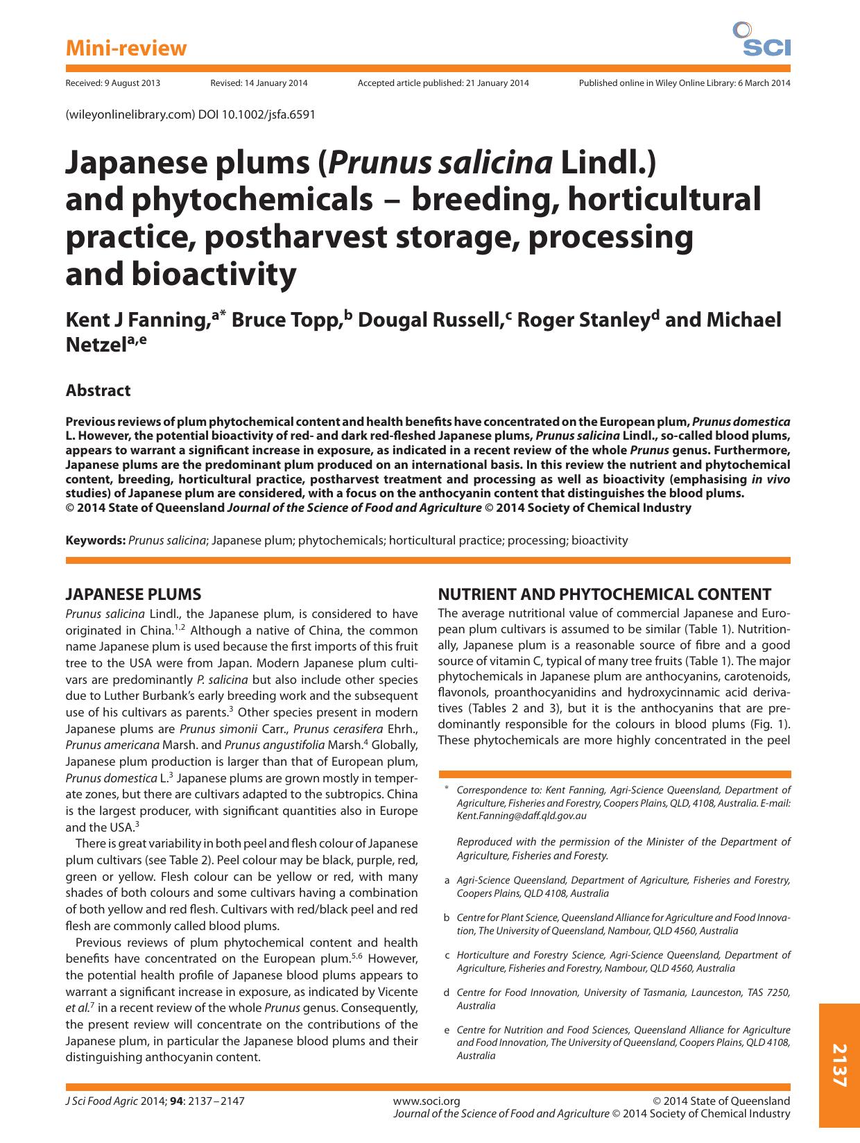 Japanese plums (Prunus salicina Lindl.) and phytochemicals breeding, horticultural practice, postharvest storage, processing and bioactivity by Unknown