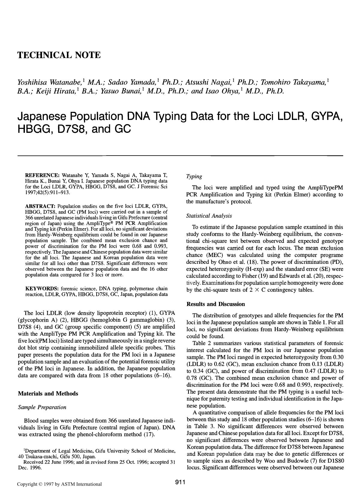Japanese population DNA typing data for the Loci LDLR, GYPA, HBGG, D7S8, and GC by Watanabe Y Yamada S Nagai A Takayama T Hirata K Bunai Y Ohya I