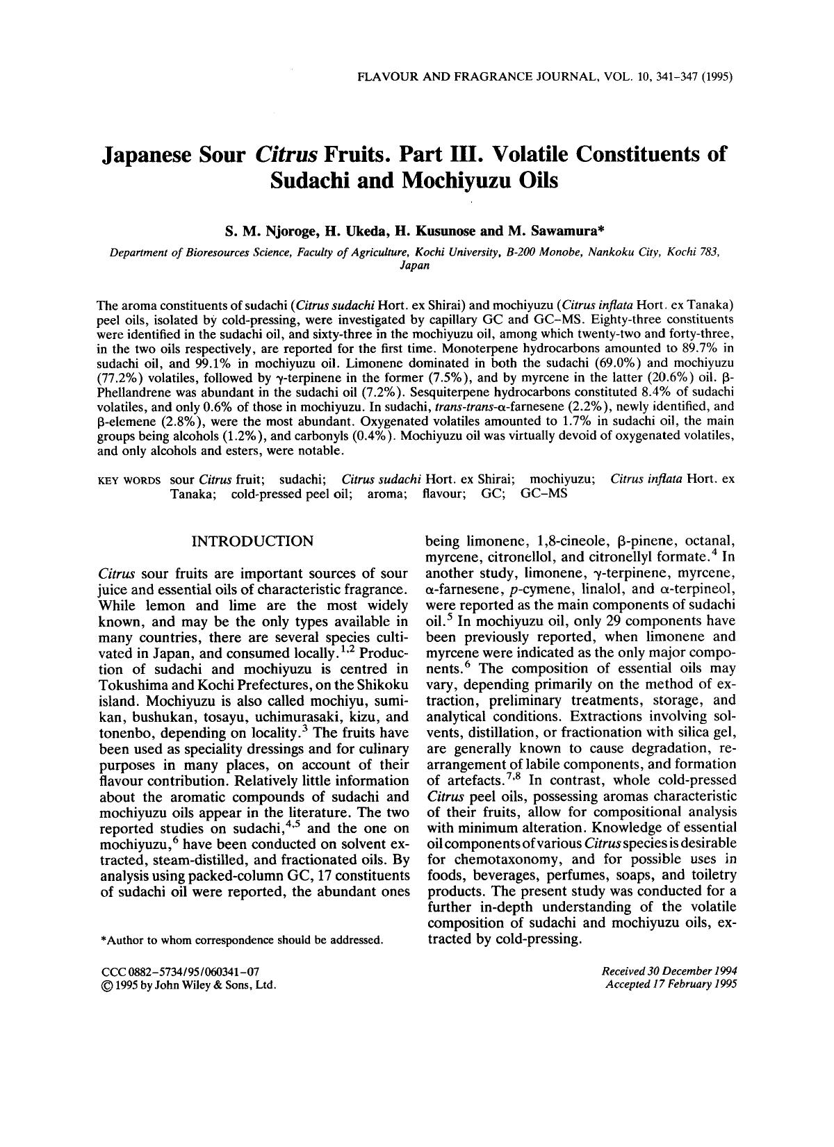 Japanese sour Citrus fruits. Part III. volatile constituents of sudachi and mochiyuzu oils by Unknown
