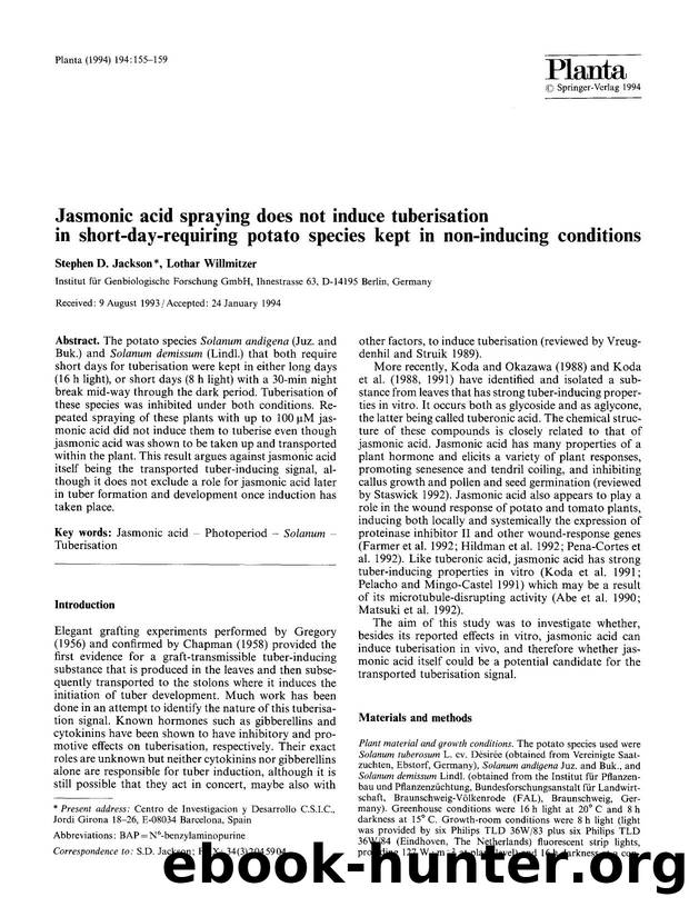 Jasmonic acid spraying does not induce tuberisation in short-day-requiring potato species kept in non-inducing conditions by Unknown
