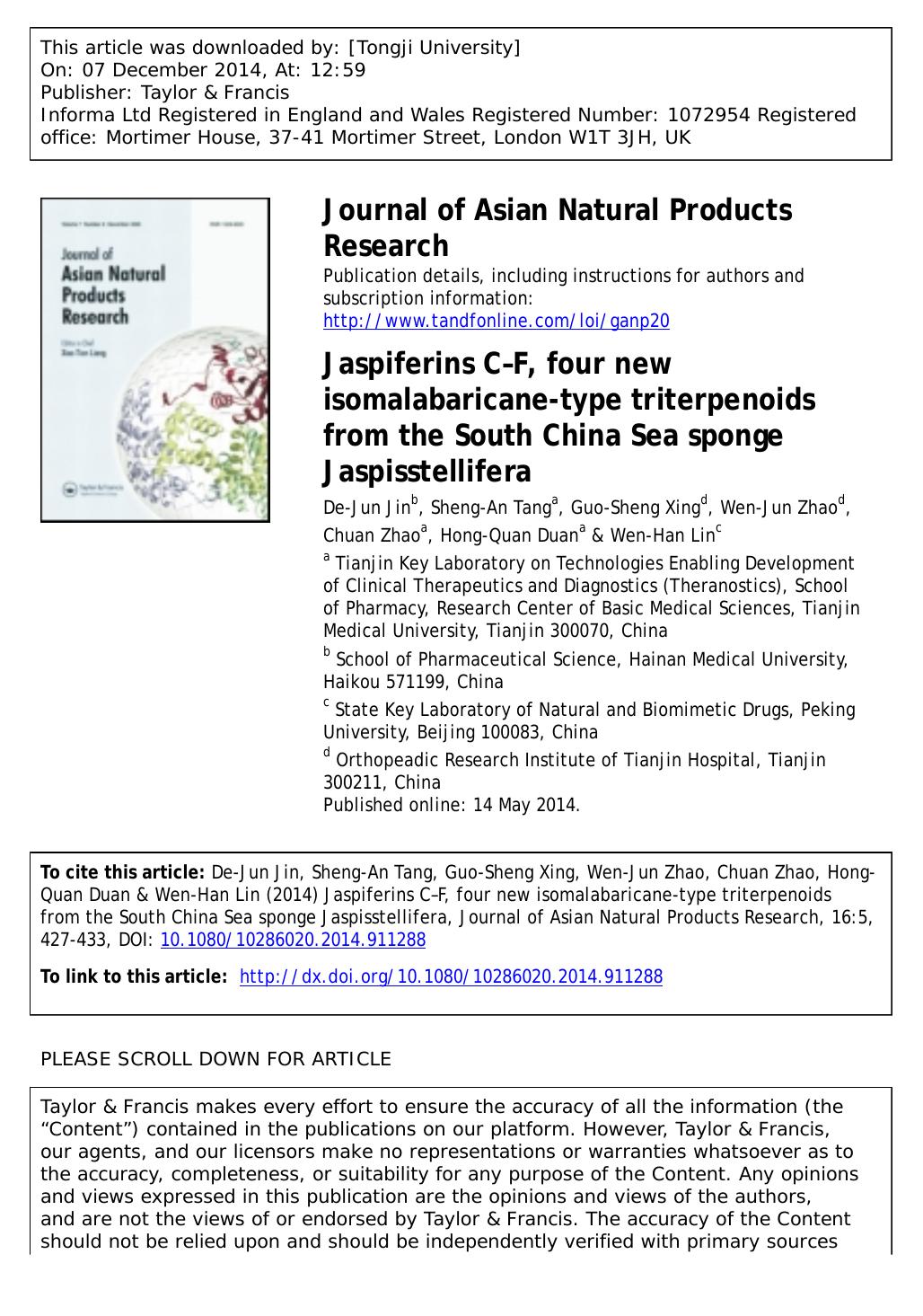 Jaspiferins C-F, four new isomalabaricane-type triterpenoids from the South China Sea sponge Jaspis stellifera by De-Jun Jin