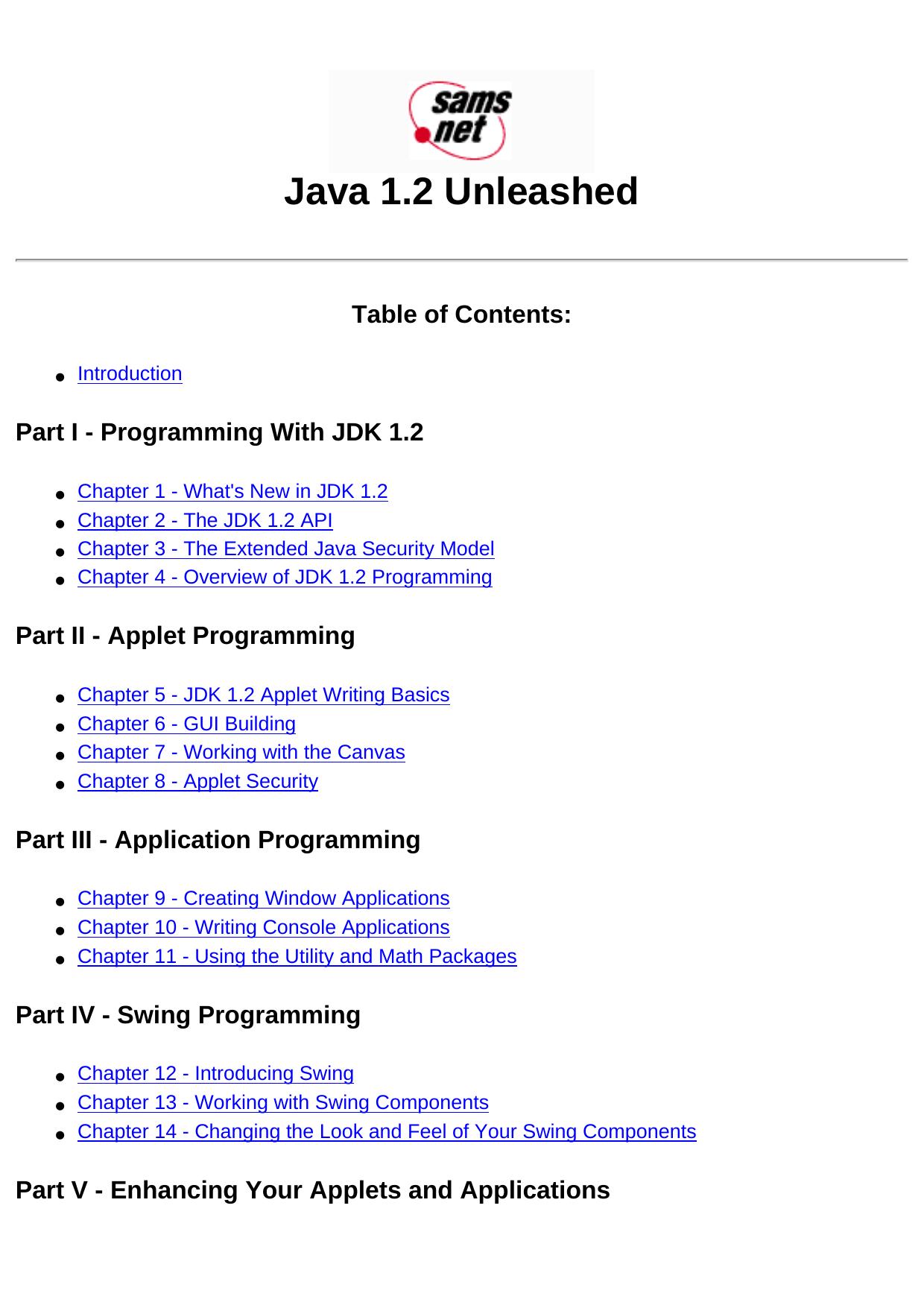 Java 1.2 Unleashed -- Table of Contents by Unknown