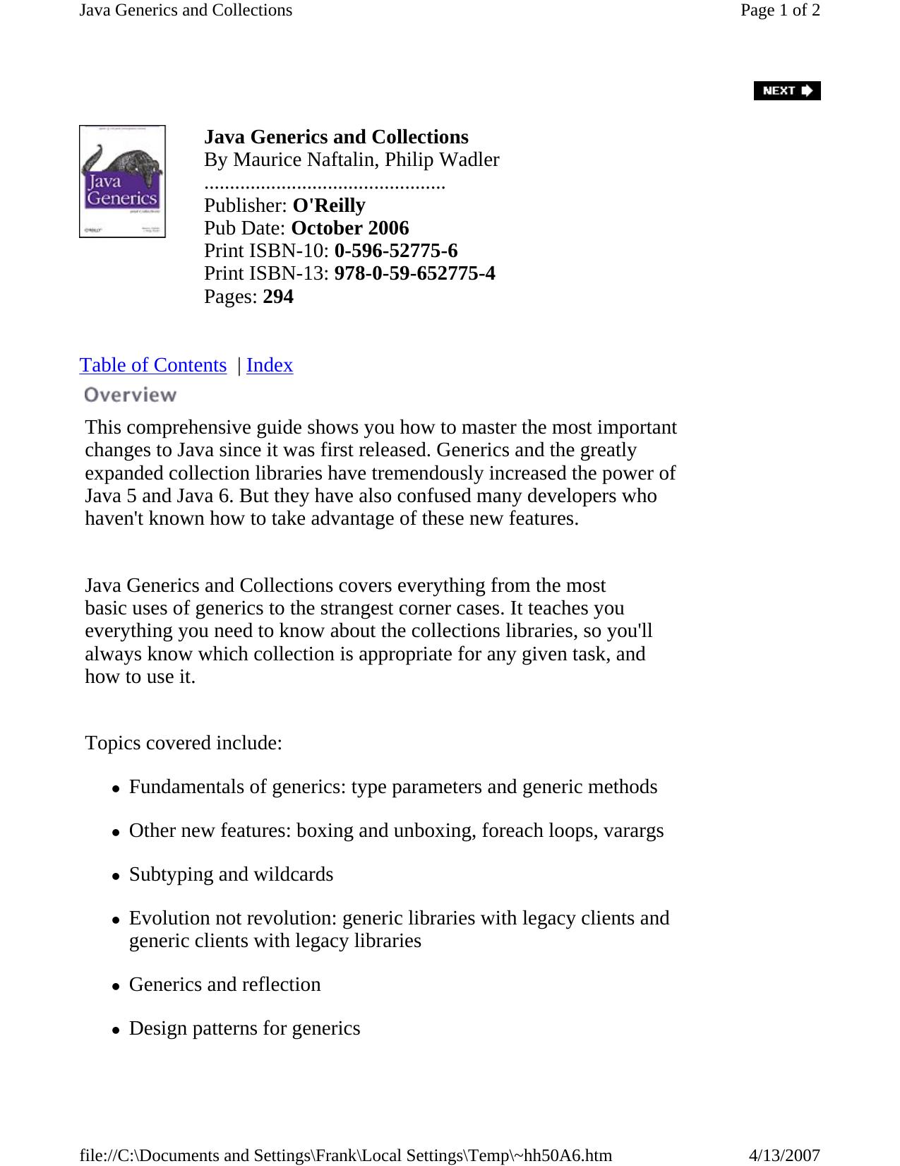 Java generics and collections by Maurice Naftalin; Philip Wadler