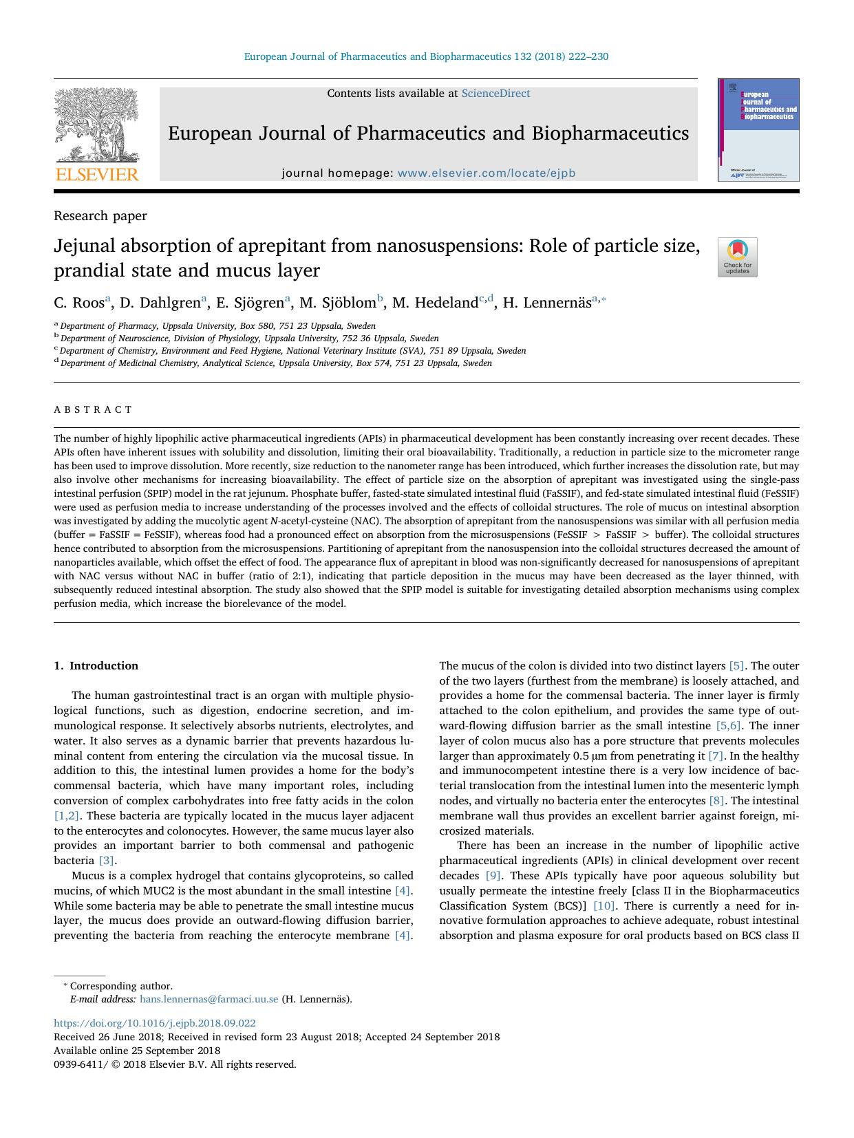 Jejunal absorption of aprepitant from nanosuspensions_ Role of particle size, prandial state and mucus layer by C. Roos & D. Dahlgren & E. Sjögren & M. Sjöblom & M. Hedeland & H. Lennernäs