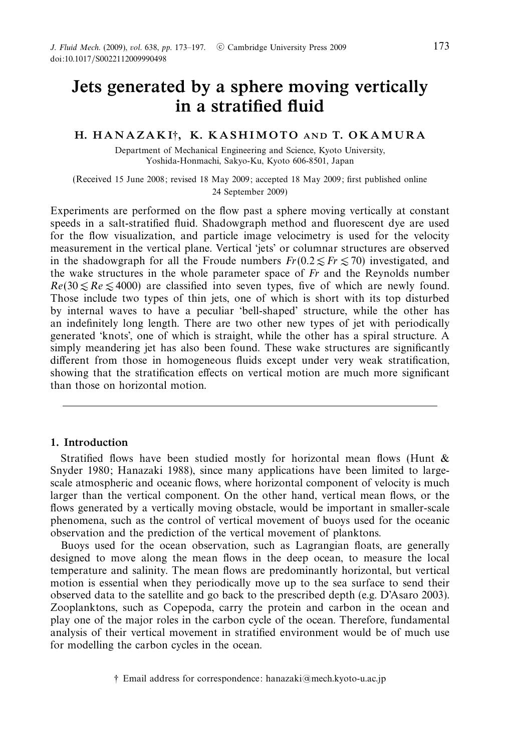 Jets generated by a sphere moving vertically in a stratified fluid by H. HANAZAKI K. KASHIMOTO T. OKAMURA