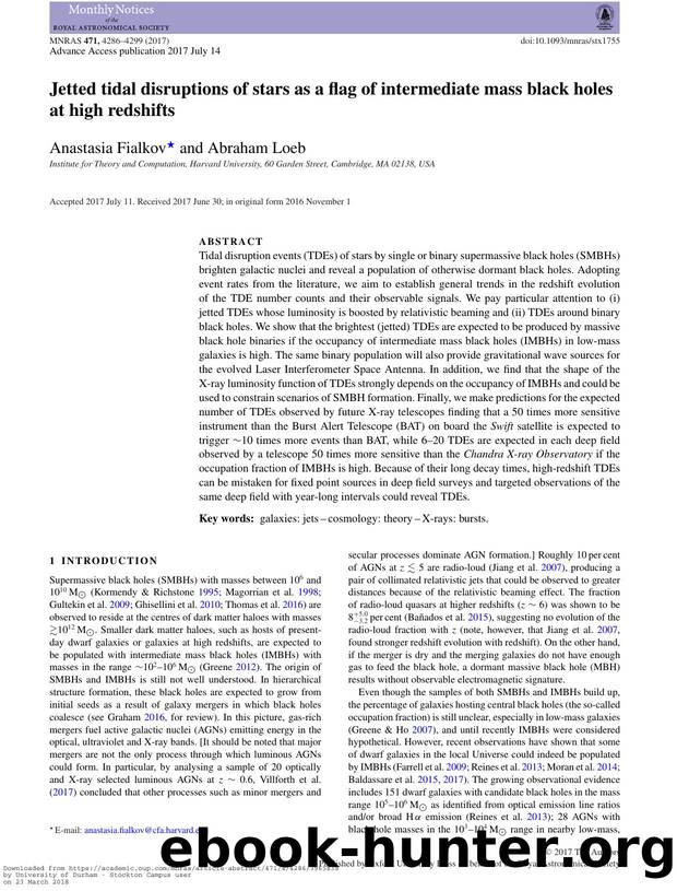 Jetted tidal disruptions of stars as a flag of intermediate mass black holes at high redshifts by Jetted tidal disruptions of stars as a flag of intermediate mass black holes... (2017)