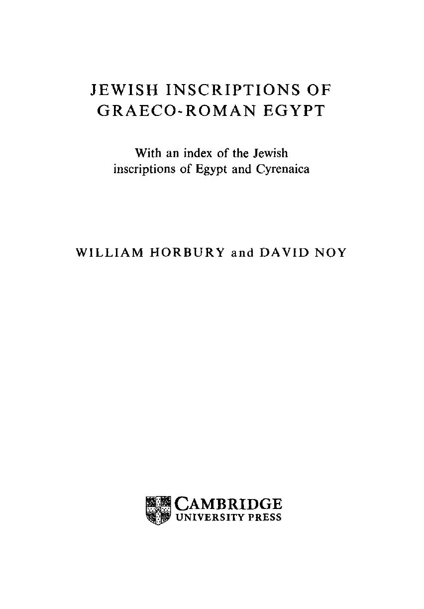 Jewish Inscriptions of Graeco-Roman Egypt by William Horbury & David Noy