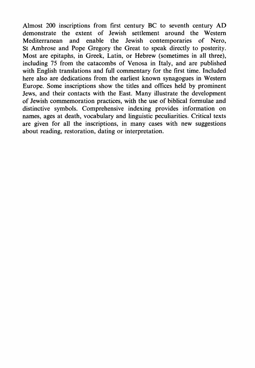 Jewish Inscriptions of Western Europe: Volume 1, Italy (excluding the City of Rome) Spain and Gaul by David Noy